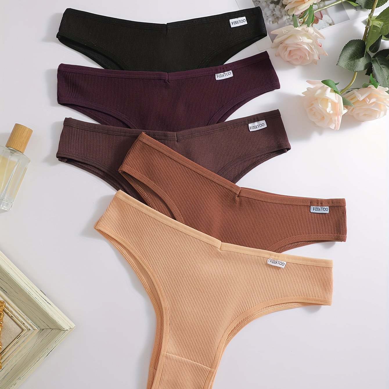Spring/summer 5pcs Set, Ribbed Texture, Letter Label, Comfortable Breathable Stretch, Women's Underwear Set For Spring/summer, Women's Briefs Set, Daily, Vacation, Party, Date