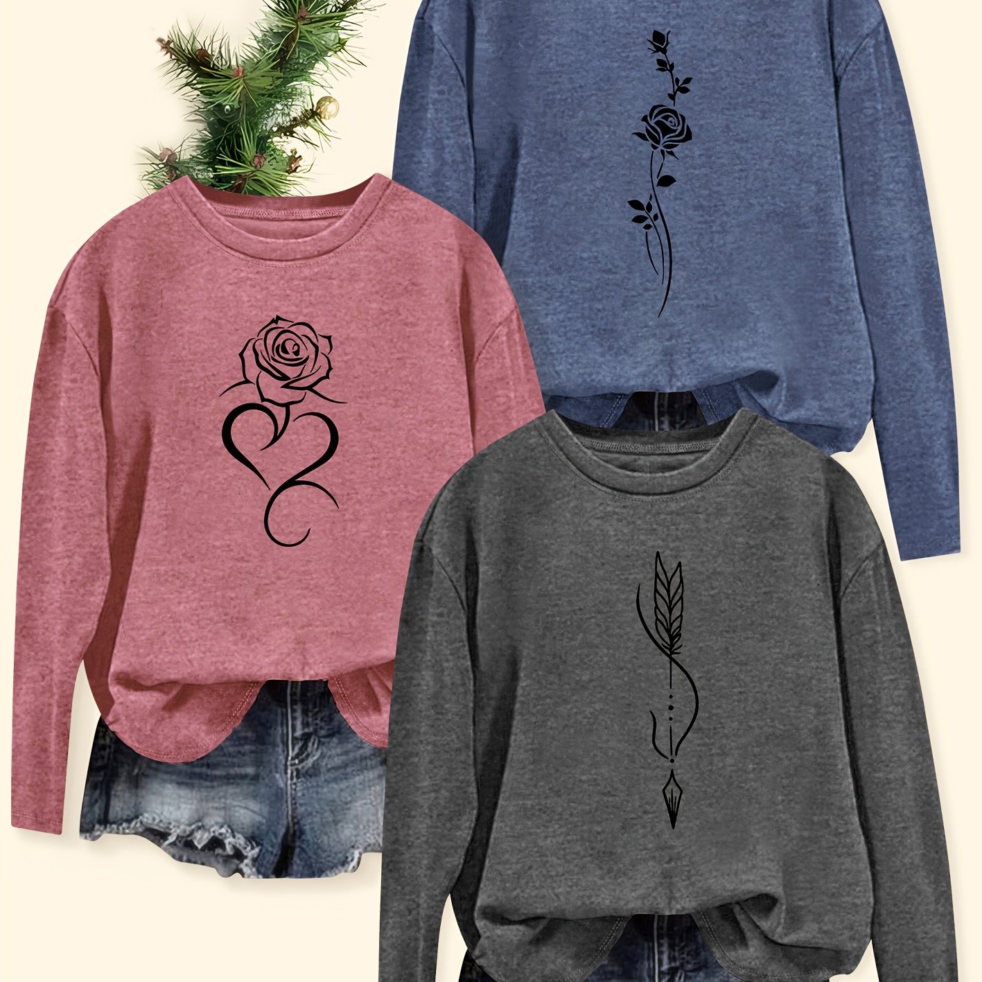 E-shop 3er-Set Modische Frische Serie Bedrucktes Linien-Rosen-Herz--Muster Rundhals Elegantes Damen Langarm-T-Shirt Casual-Stil Frühling Sommer Herbst
