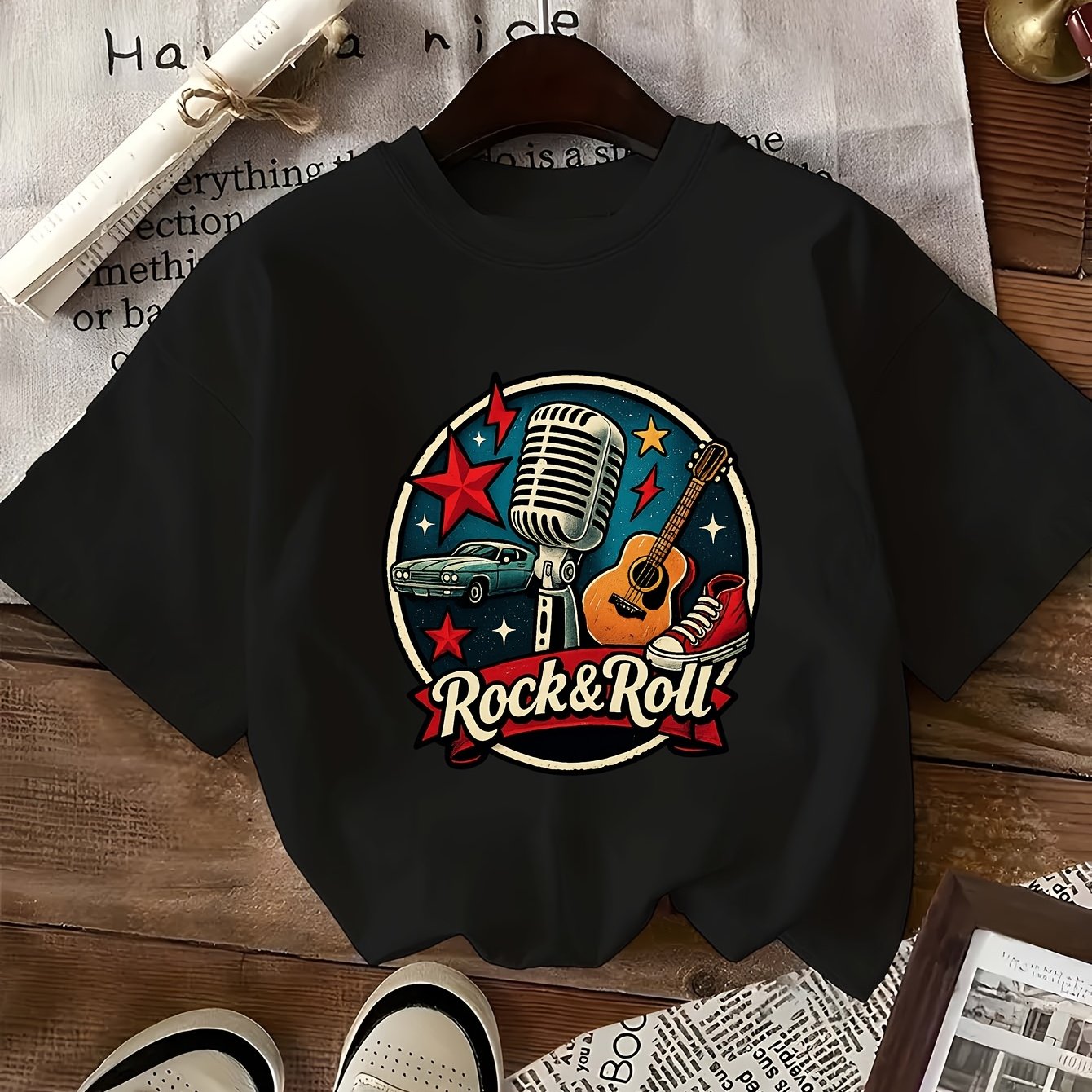 TEMU Rock Roll, Vintage Stylegraphic Print Tshirt, Short Sleeve Crew Neck Casual Top For , Women's Clothing