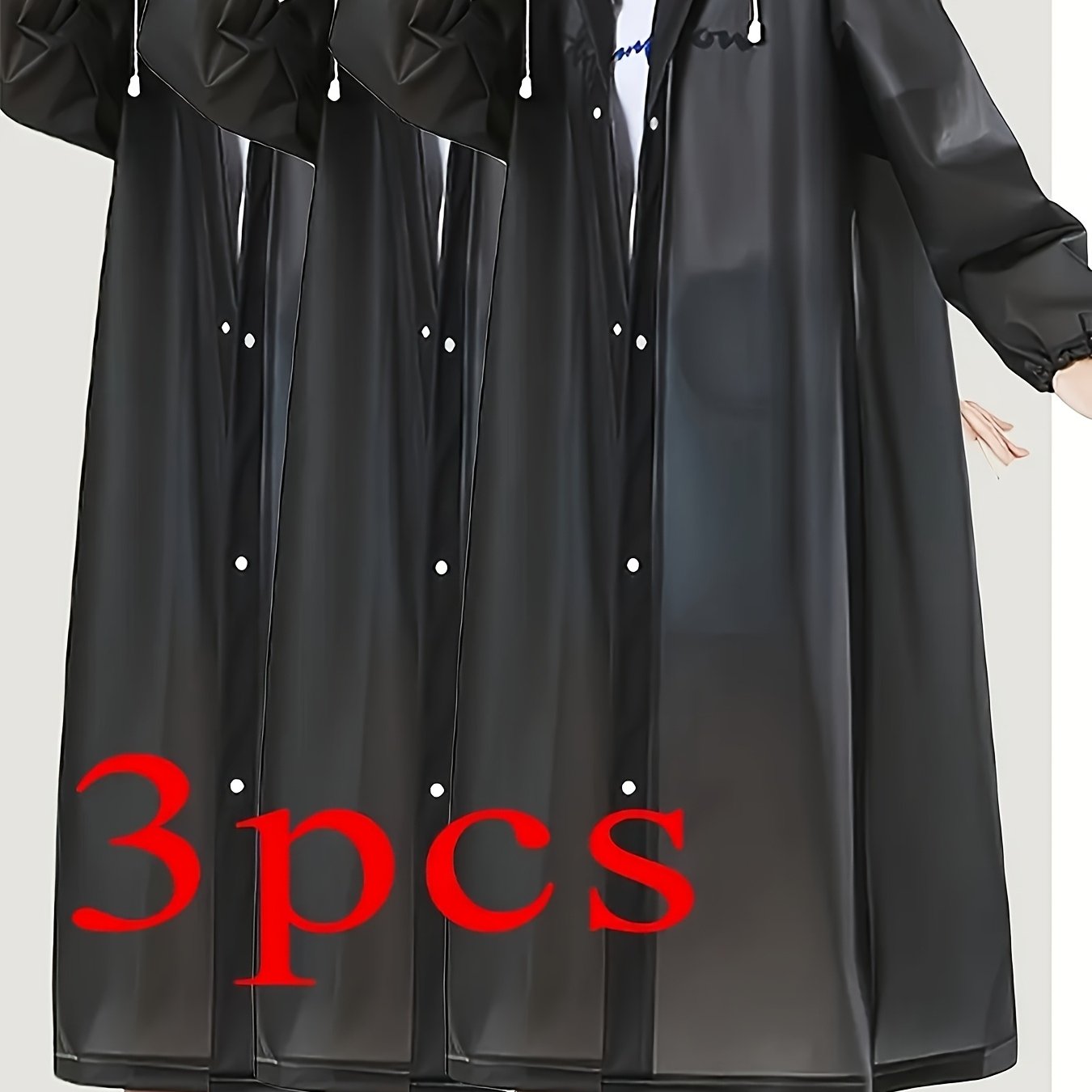 TEMU 3pcs Black High Quality Eva Thickened Full Body Raincoats - Hooded Long Sleeve With Adjustable Drawstring Hood & Button Front For Outdoor