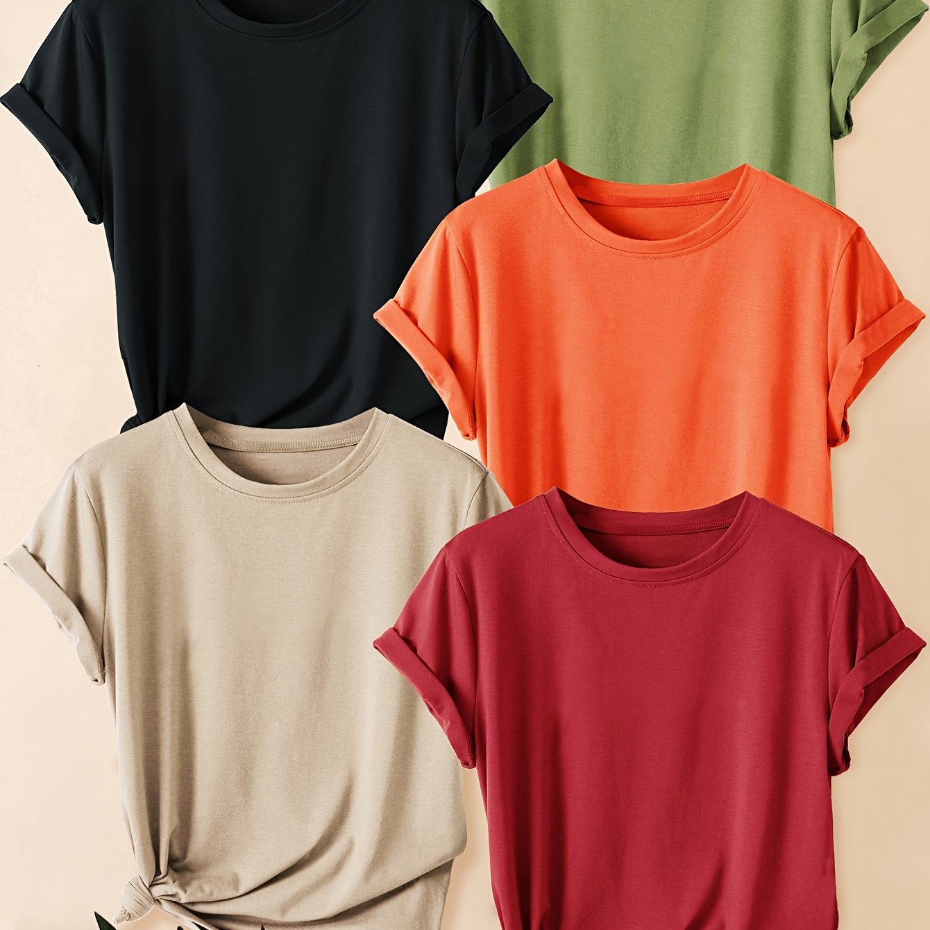 TEMU Five-piece Set Of Plain Fashionable Elegant Retro Women's Casual Sporty Round Neck Short Sleeve T-shirts For Spring, Summer Autumn And Winter In