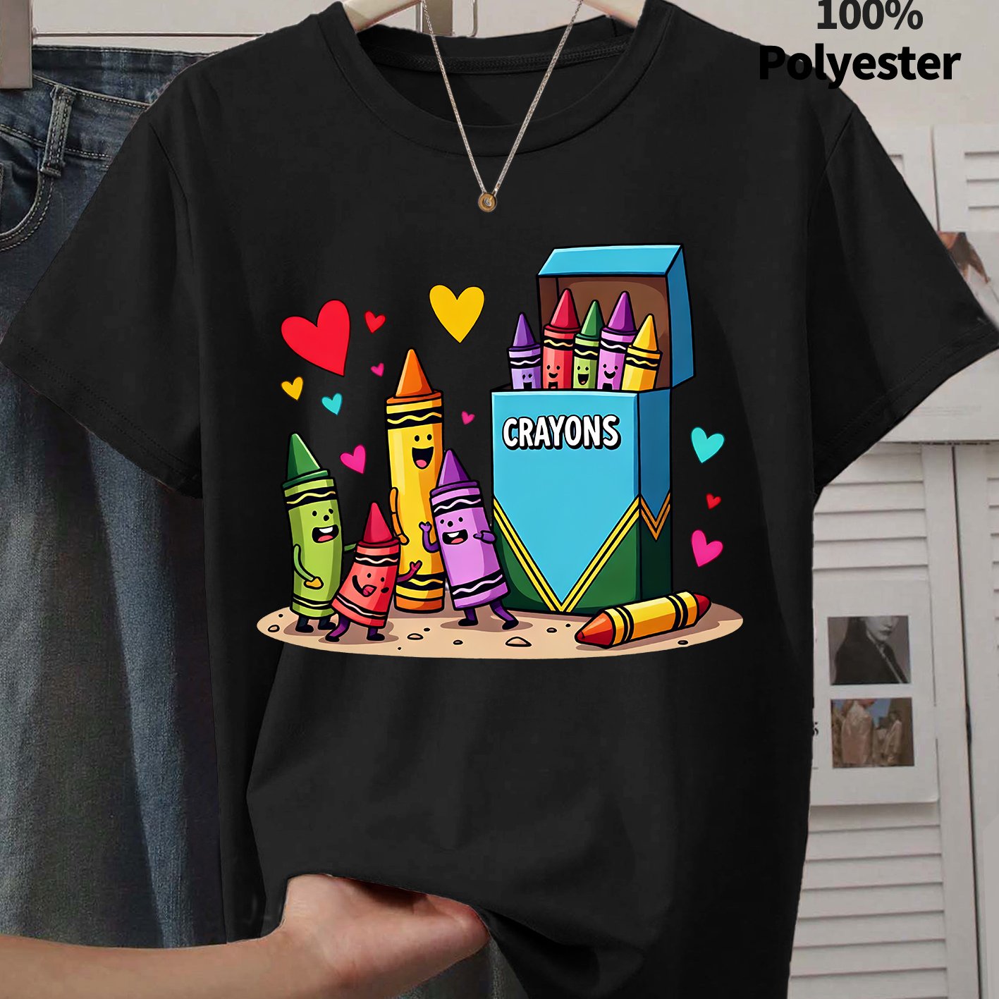 TEMU Women's Summer Clothing, Colorful Cartoon Crayon Heart Print Round Neck Short Sleeve T-shirt, , Fashionable Commuting, Vacation, Daily Versatile