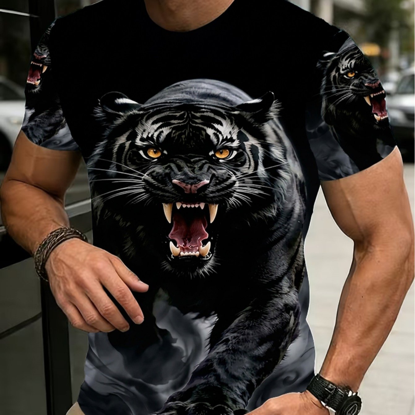 TEMU 2026 Summer New Arrival: 1pc 3d Men's Print T-shirt, Style Short-sleeve T-shirt, Featuring A Black Tiger Roaring Design, Breathable Round Neck