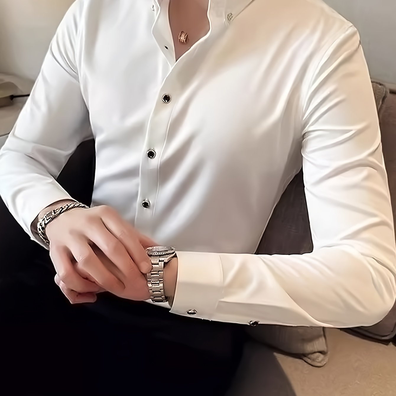 Men's Stylish Solid Color Shirt, Casual Breathable Button-up Long Sleeve Top, Suitable For Business Events
