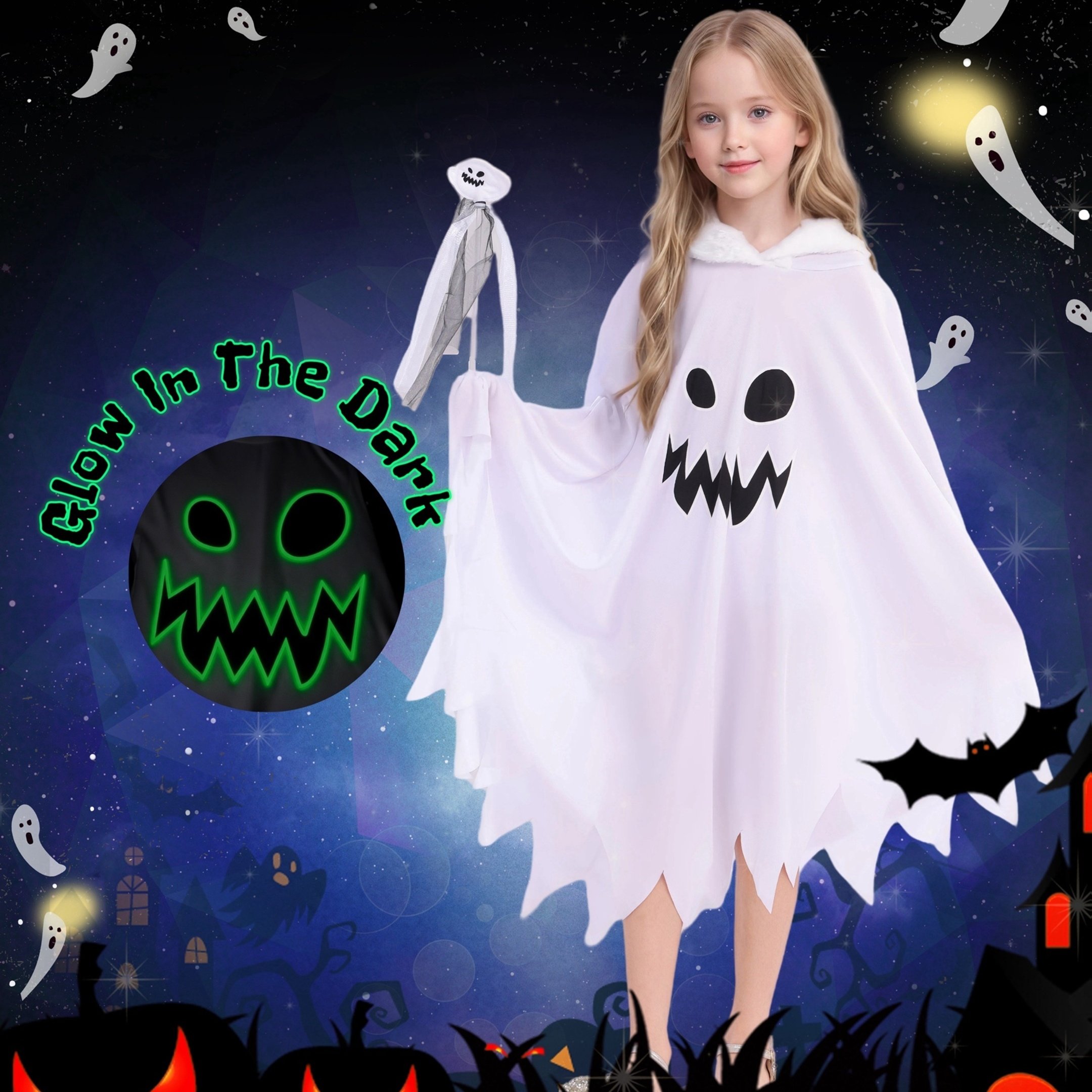 TEMU Glow In Dark Cape For Kids Halloween Costume Set, Children Spooky Dress Up Cloak With Small Wand Halloween Party Cosplay Accessory