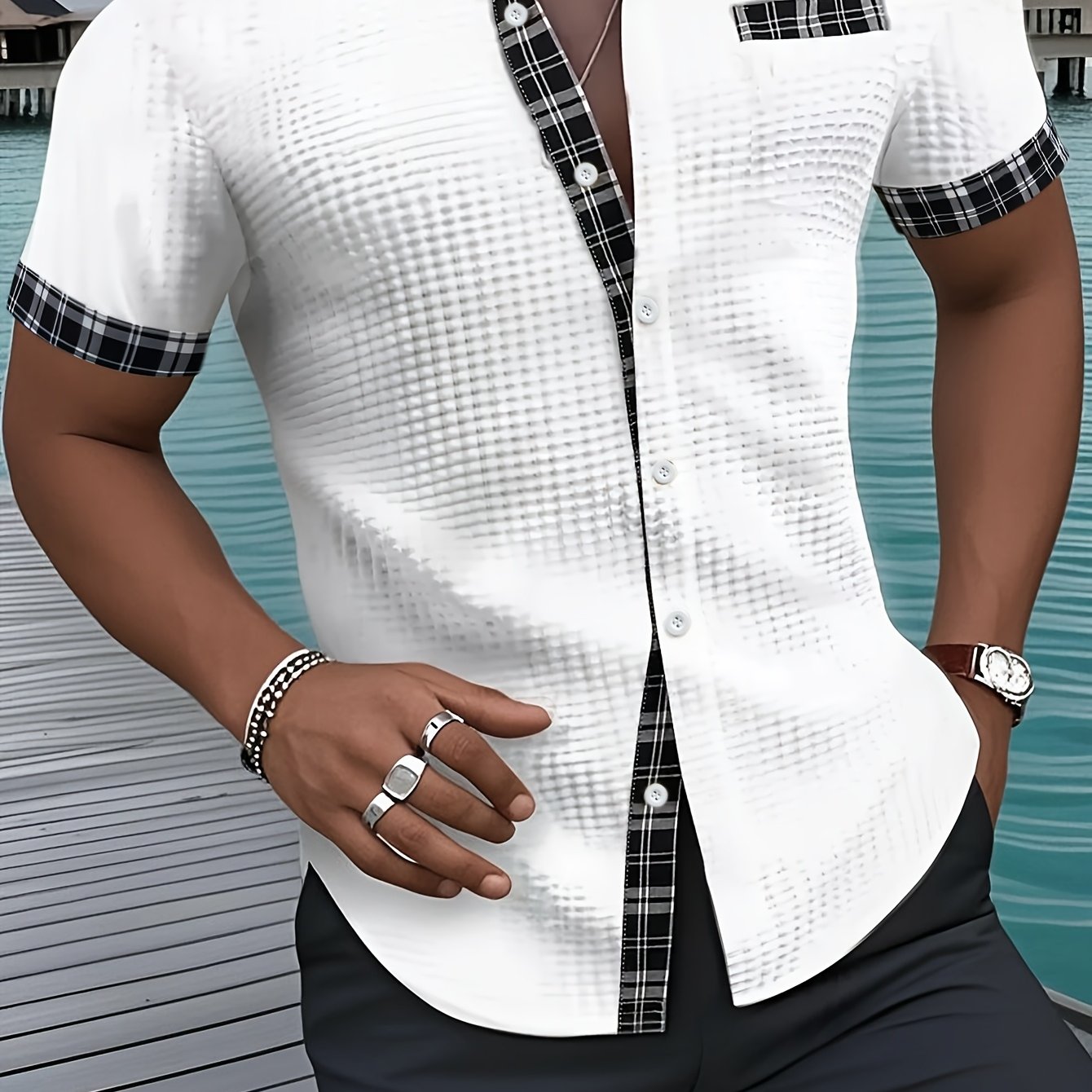 (targeted Development) Essential Solid Check Open Front Button Design Suitable For Daily Casual Fashion Easy Minimalist Summer New Short Sleeve Shirt