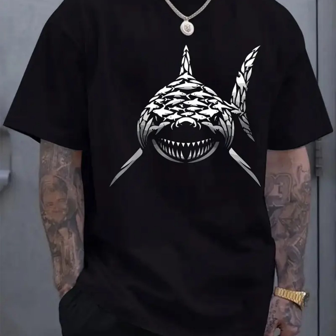 TEMU Style For Men And Women, Shark, Small Fish, Patterned Printed Round Neck Short-sleeved T-shirt, A Must For Home And Leisure In , Versatile