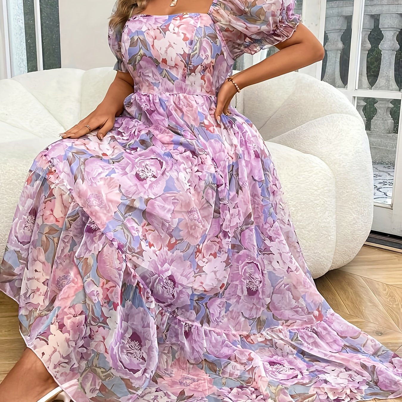 Plus Size - Plus Size - Fashionable Elegant Chiffon Printed Dress