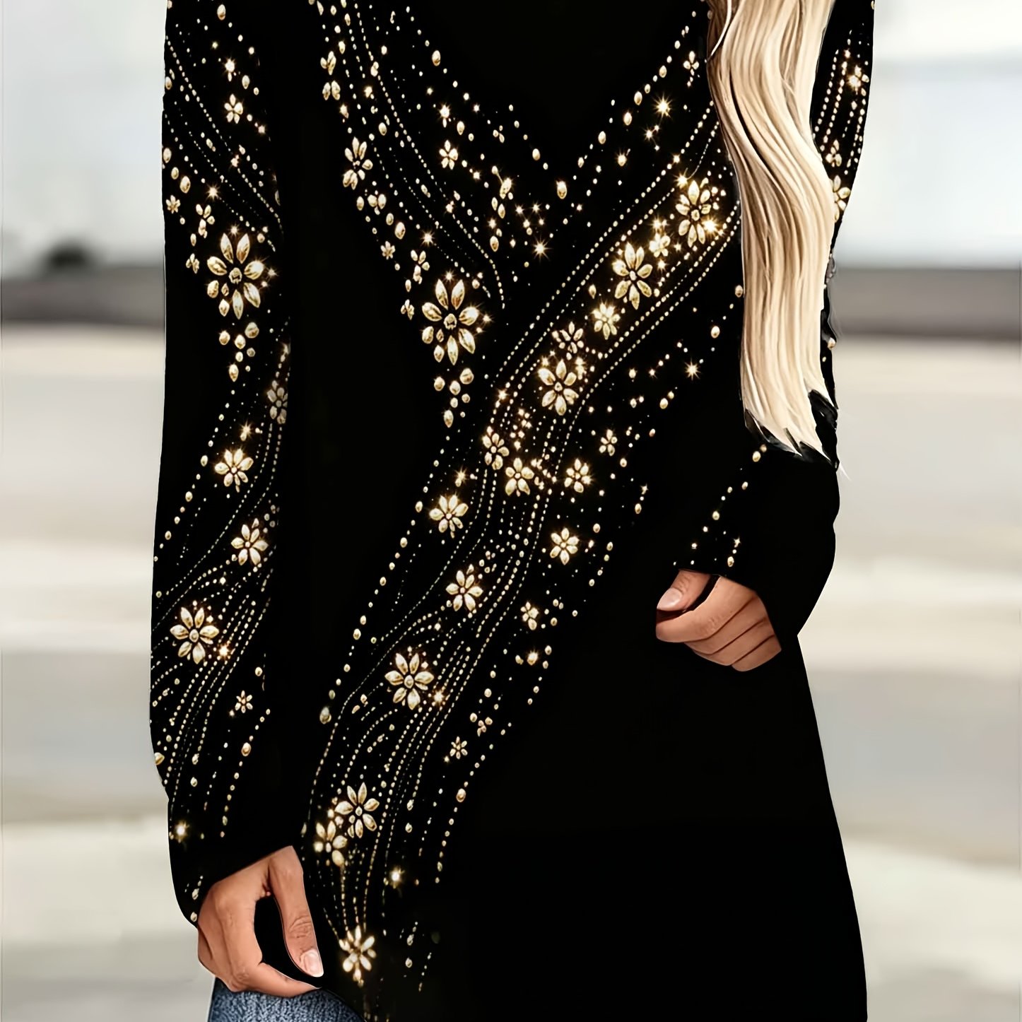 TEMU [printed Design - Non-realistic Texture] Women's Plus Size Western Style Round Neck Long Sleeve T-shirt, Light Luxury Golden Floral Faux