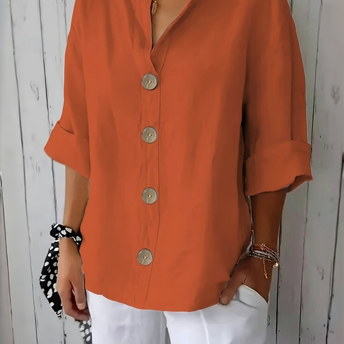TEMU Women's Casual Solid Color Round Neck ¾ Sleeve Button-up Shirt With Decorative Buttons, Loose Fit, Lightweight Durable Fabric, Suitable For