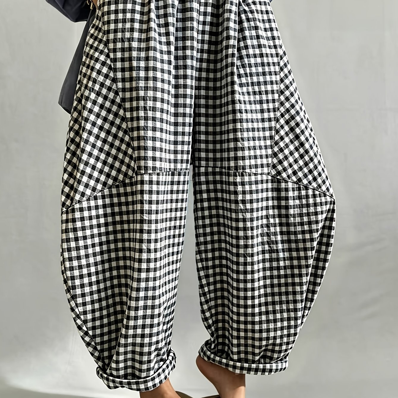 TEMU New Bohemian Retro Plaid Loose Lantern Pants Balloon Trousers Ankle Length, Elastic Waist Design Suitable For All Body Types, Loose Lantern