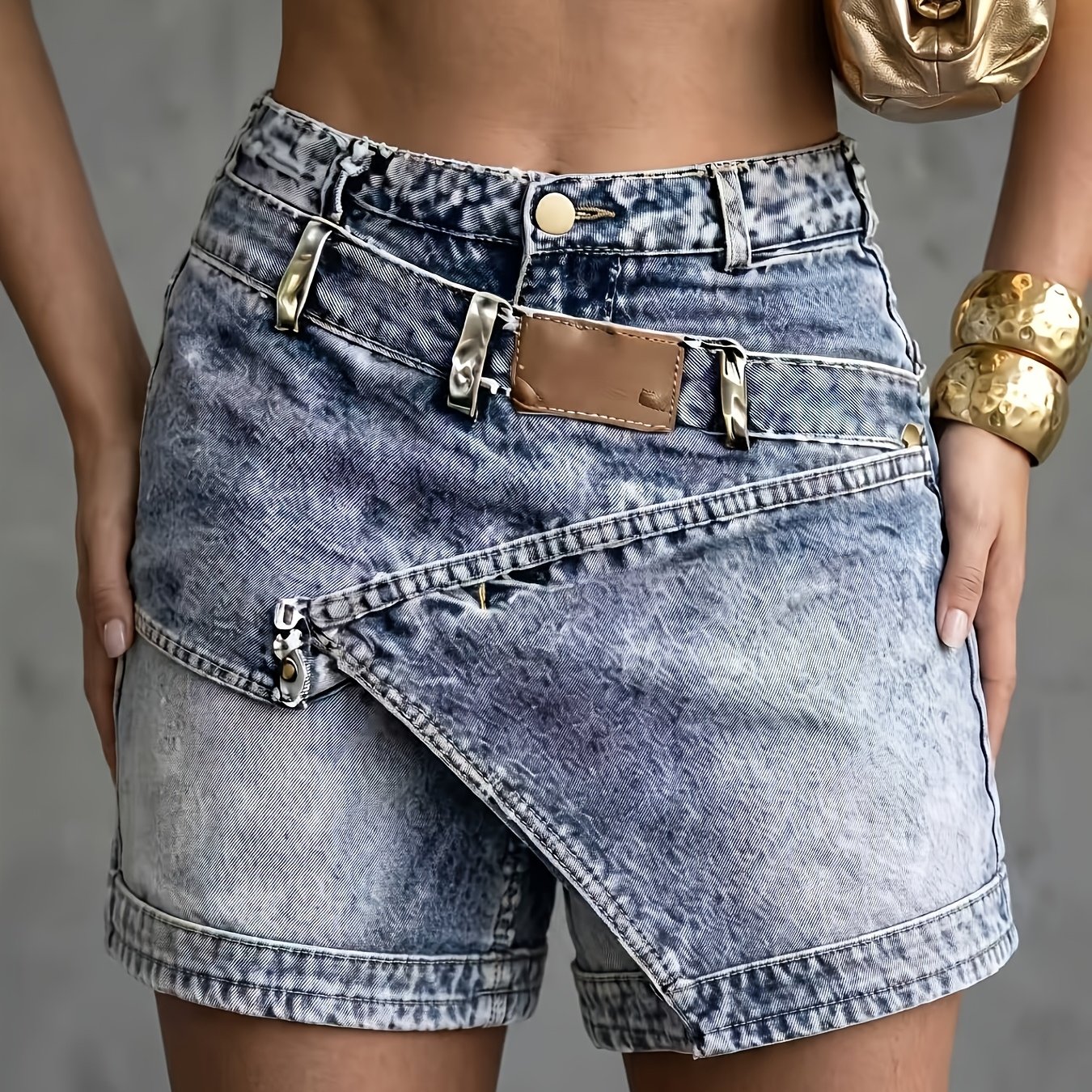 TEMU New Women Distressed Washed Irregular Denim Shorts, High Waist Double Belt Loops Leather Label Diagonal Button Fake Two-piece Shorts, Y2k Hot