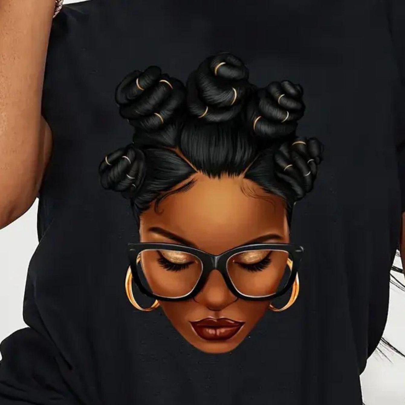 TEMU Women's Plus Size T-shirt - Soft Everyday Crewneck Tee With Elegant Graphic (curly Hair, Glasses), Lightweight Casual Top For Women, Machine