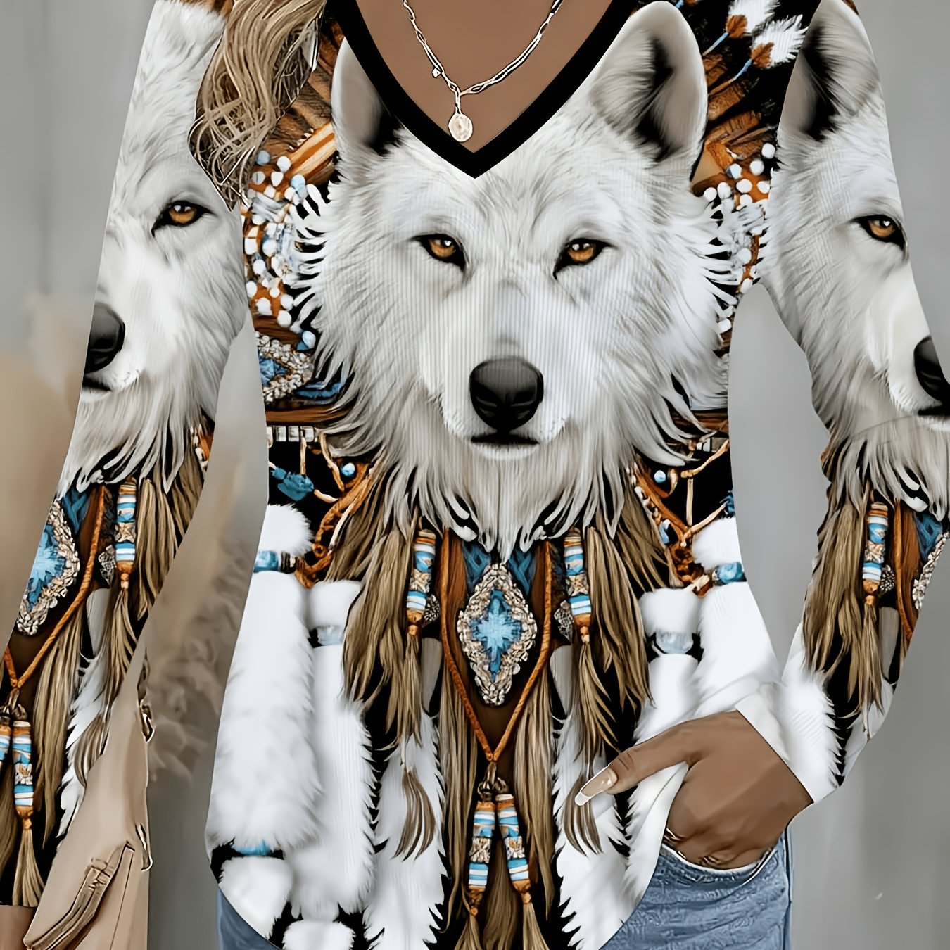 TEMU T-shirt tendance pour femme à manches longues et col en V avec imprimé, décontracté, , S, pour , adapté à et à l'hiver
