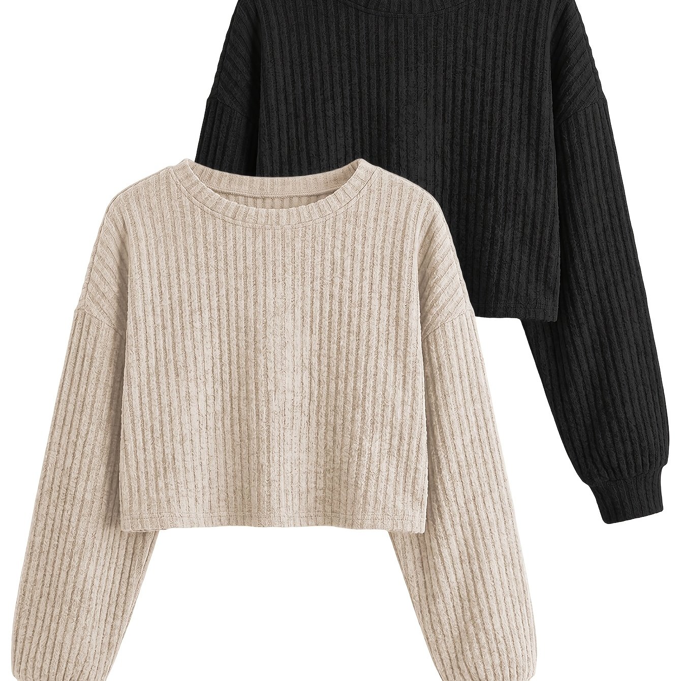 TEMU 2pcs Women's Comfortable Top Elegant Fashion Short Round Neck Long Sleeve T-shirt