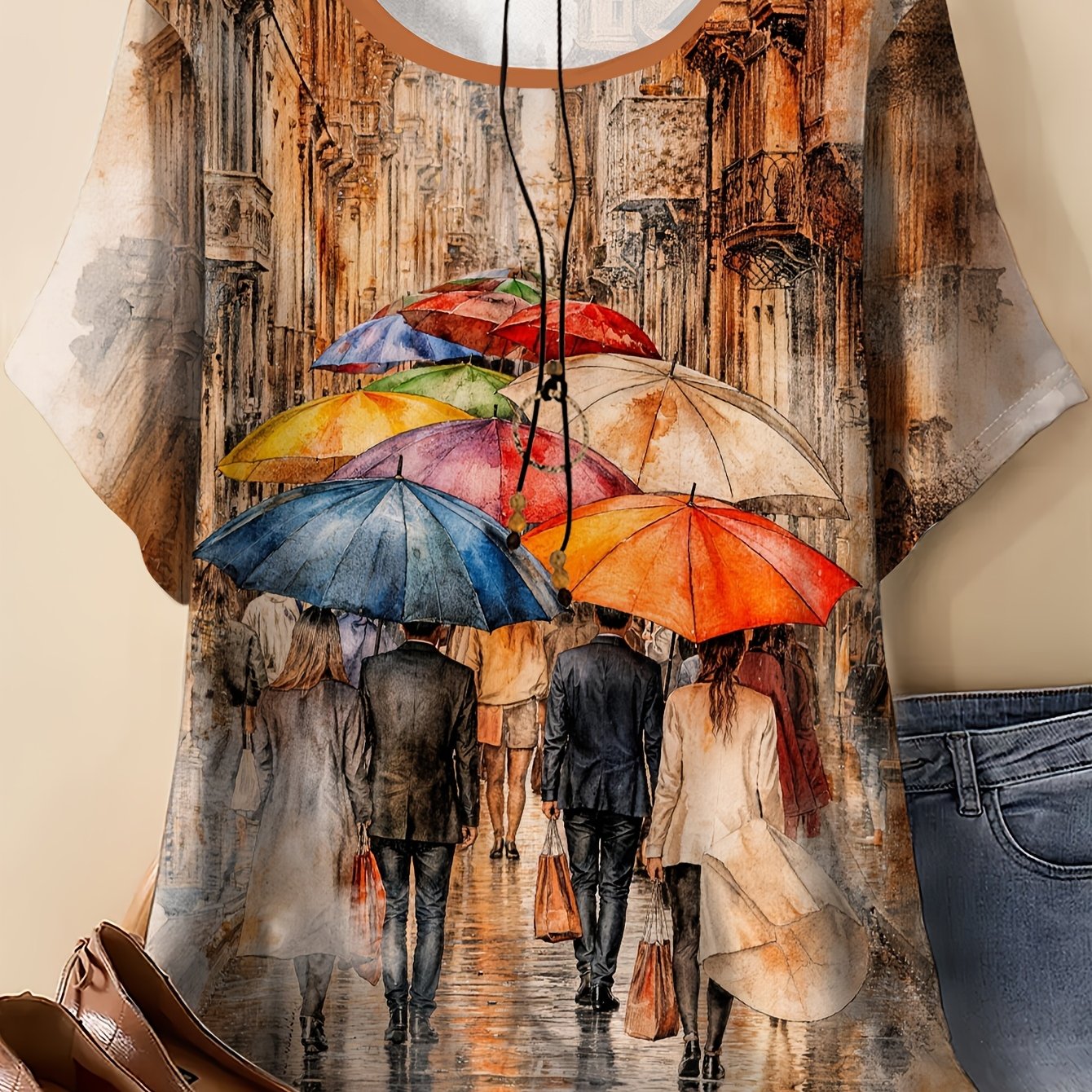 TEMU Plus Size - Plus Size - Plus Size Casual Comfortable Umbrella Printed Round Neck Short Sleeve T-shirt, Women's Clothing - Additions Not Included