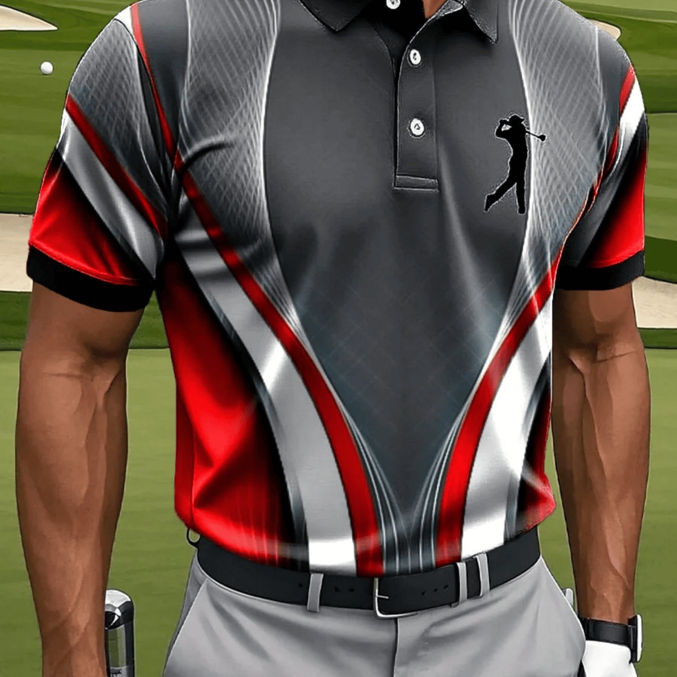 TEMU Men's Casual Athletic Short Sleeve Shirt, Geometric Lines And Golf Pattern Print, Machine Washable Fabric, Breathable Regular Fit, Suitable For