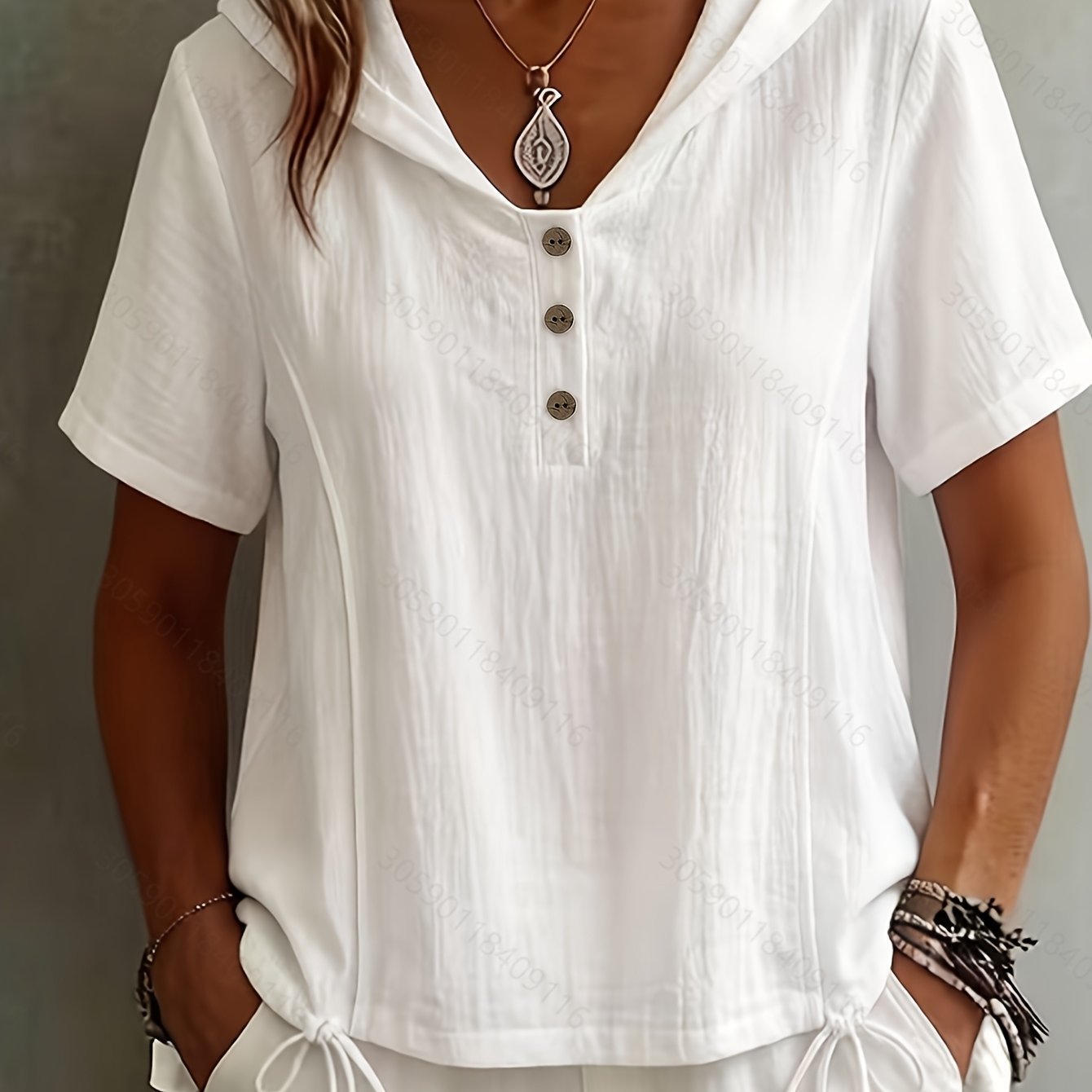 Plus Size, Qianji Ce Summer Women's Stylish Henley Collar Hooded Drawstring Top, Casual, Breathable, Comfortable, Elegant, Versatile Style