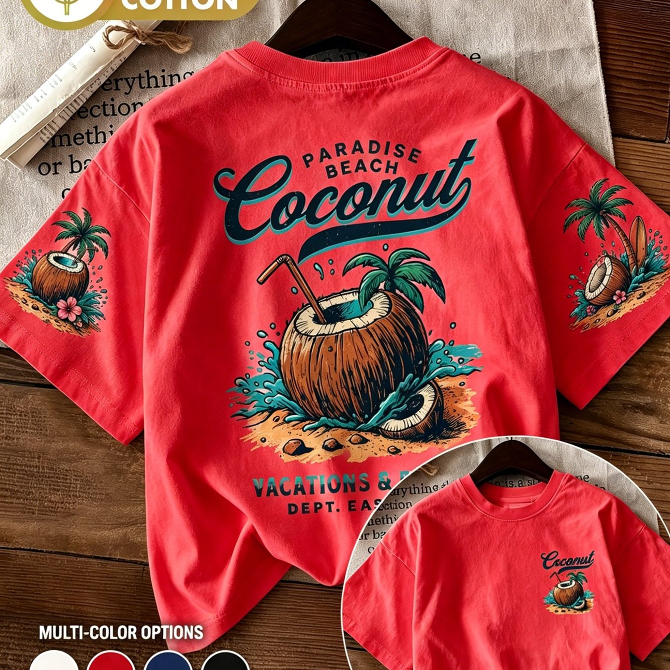 TEMU Women's 100% 180g T-shirt - Retro Tropical Tree Print Short Sleeve Crewneck Top, Loose Fit Beach Vacation Shirt Suitable For Casual, Surfing,