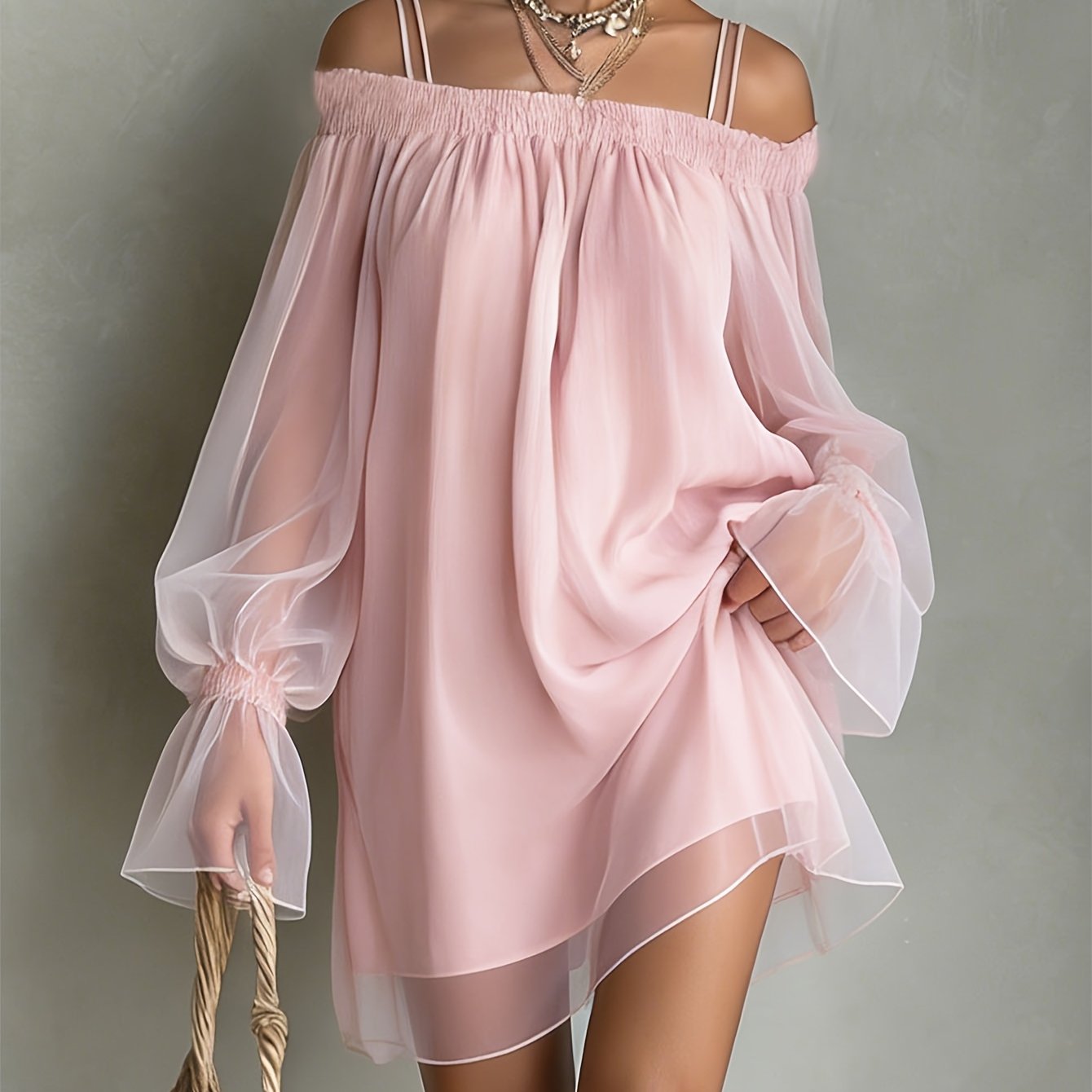 TEMU Women's Elegant Party Mesh Camisole One-shoulder Loose Long Sleeve Short Dress
