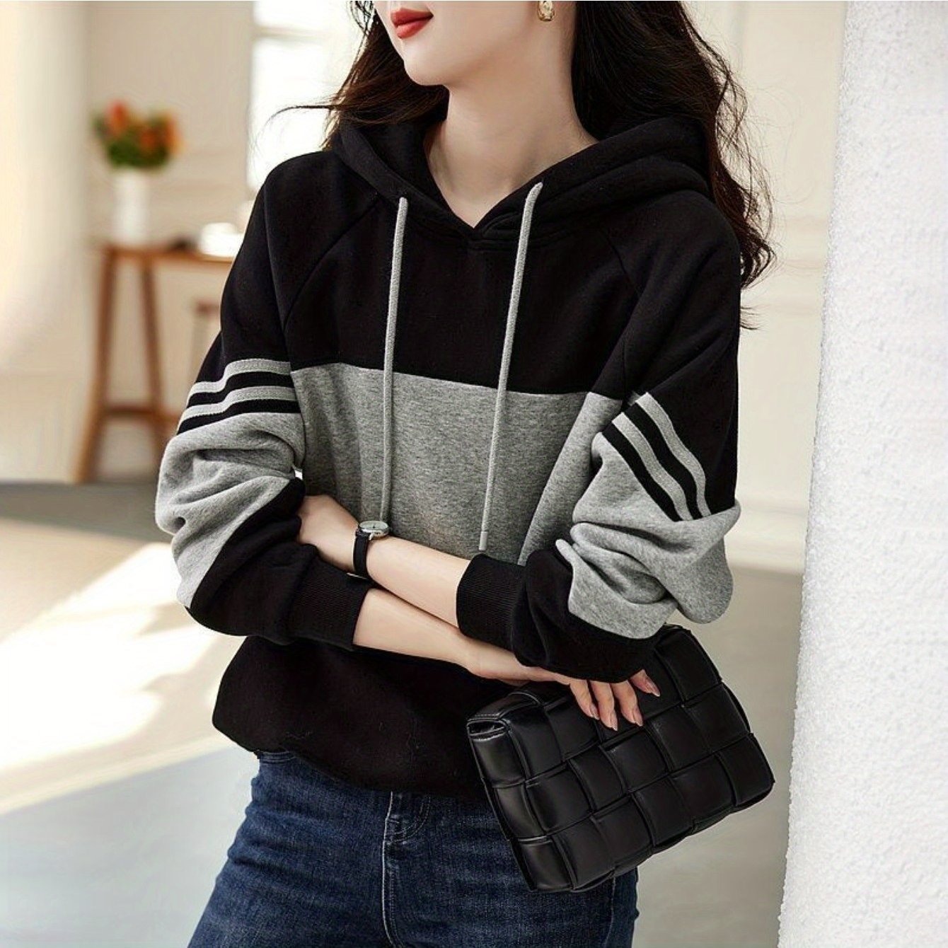 TEMU Ladies' Sweatshirts, Hooded Sweatshirts, , Color Block , Comfortable, Fashionable, Loose, Versatile, Sweatshirts, Spring And Autumn