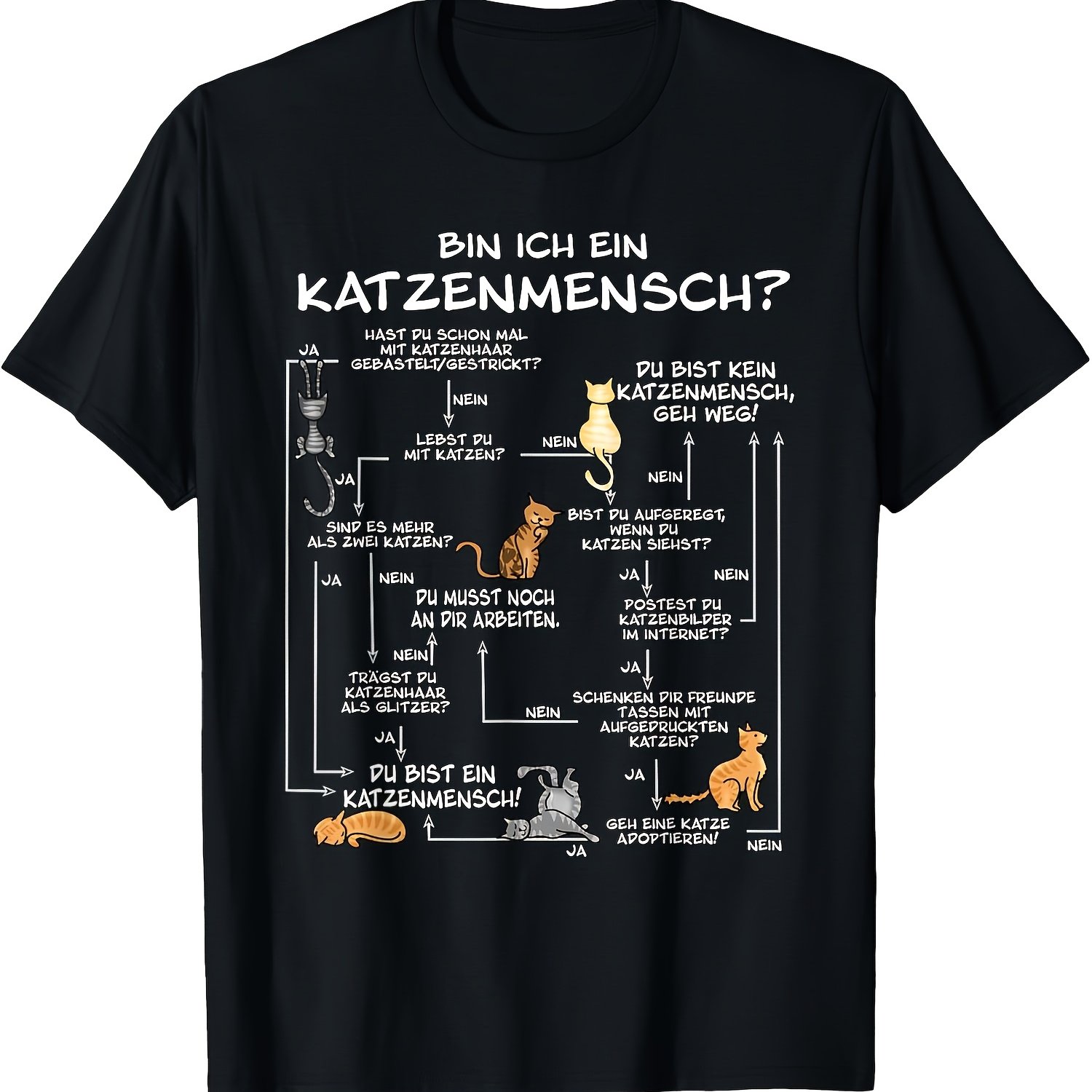 Image of Men's Funny German Cat Problem - Flowchart Graphic T - Shirt - Black Short Sleeve Casual Tee With Humorous German Text & , Relaxed Fit, Machine Washable, All - Season Com, Plus Size