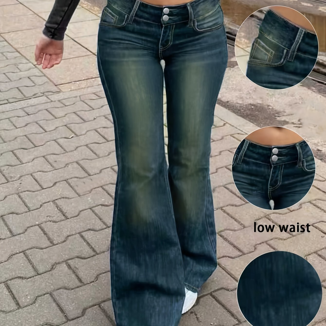 Image of Women's High-elasticity Low-rise Wide-leg Bell-bottom Jeans Pants - Slim-fit Full-length Denim Trousers With Internal Zipper Closure, Beltless Design For Casual & Dressy Wear (machine Washable)