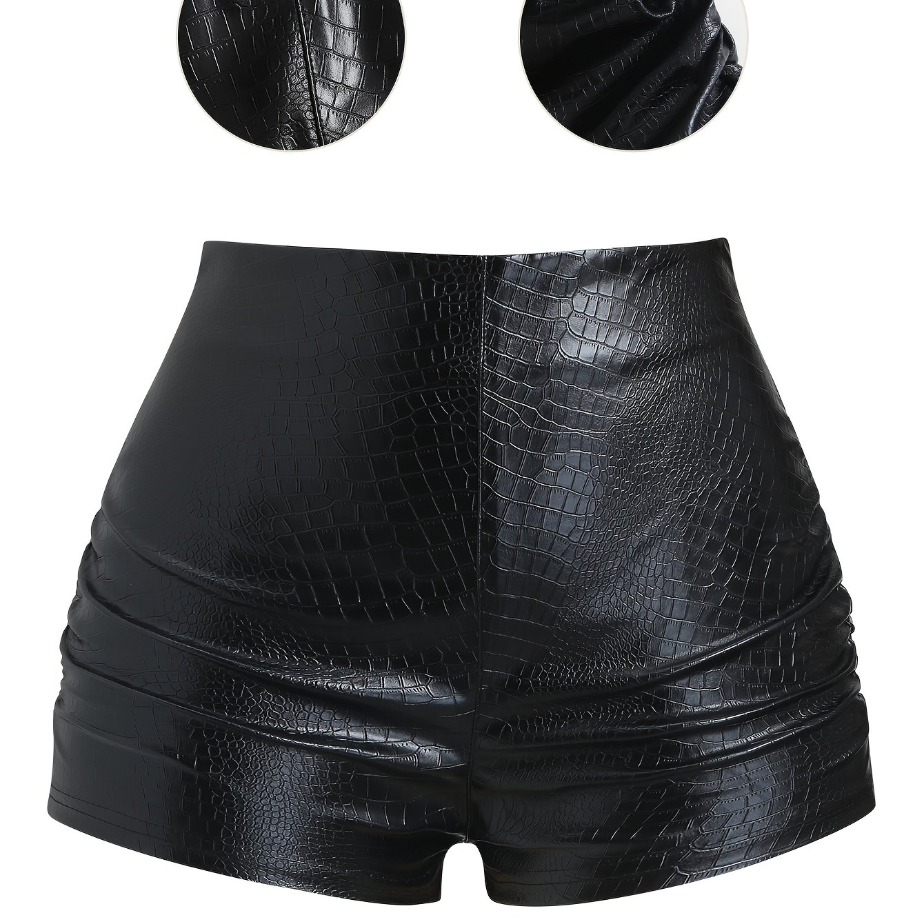 TEMU Women's High-waist Crocodile-pattern Shorts - Black, Pleated, Slim-fitting,, Sexy, Form-fitting, Base Layer Or Outer Wear Hot Pants