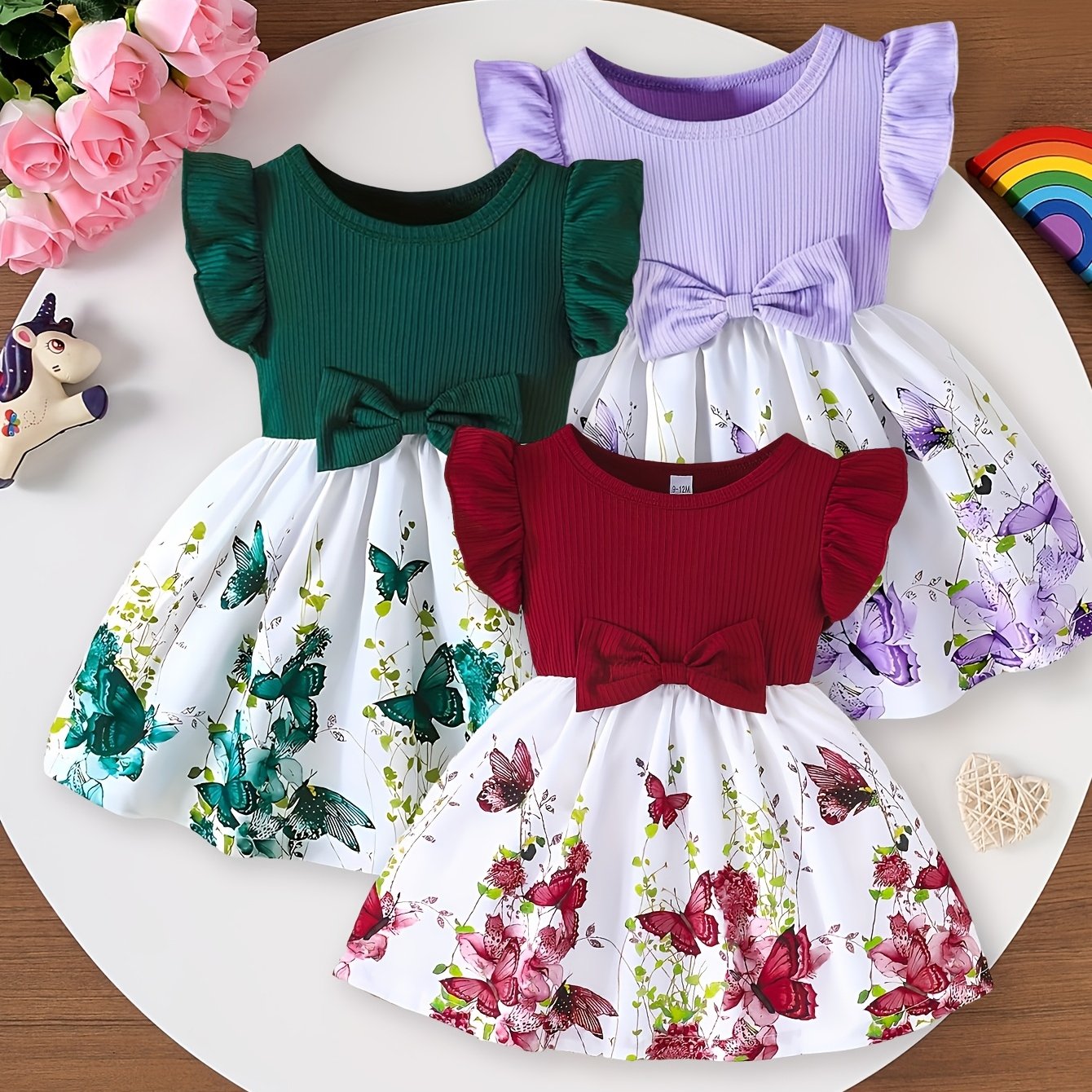 E-shop Ein Set aus , lässigen Kleidern für Babymädchen mit bunten Blumenmustern und niedlichen Schleifen, für Zuhause, Ausflüge, Partys, Geschenke und