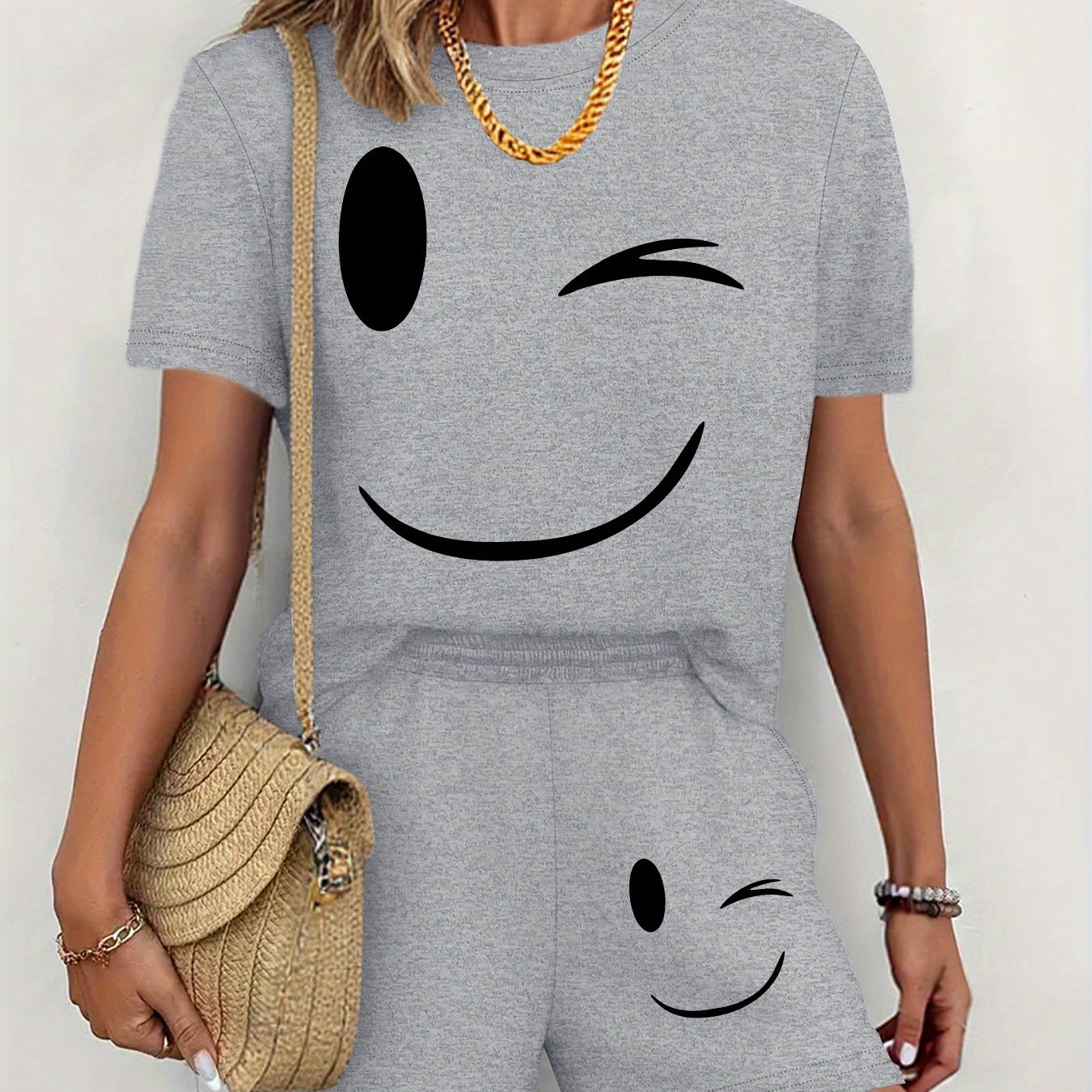 TEMU Ensemble Pièces Imprimé , T-Shirt à Manches Courtes et Short, Vêtements Femme