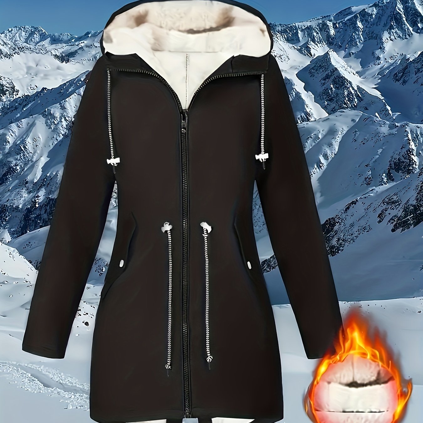 TEMU Plus Size - Plus Size - Plus Size Thick Hooded Fleece Lined Jacket, Women's Casual Zip-up Long Sleeve Multi-functional Warm Outerwear