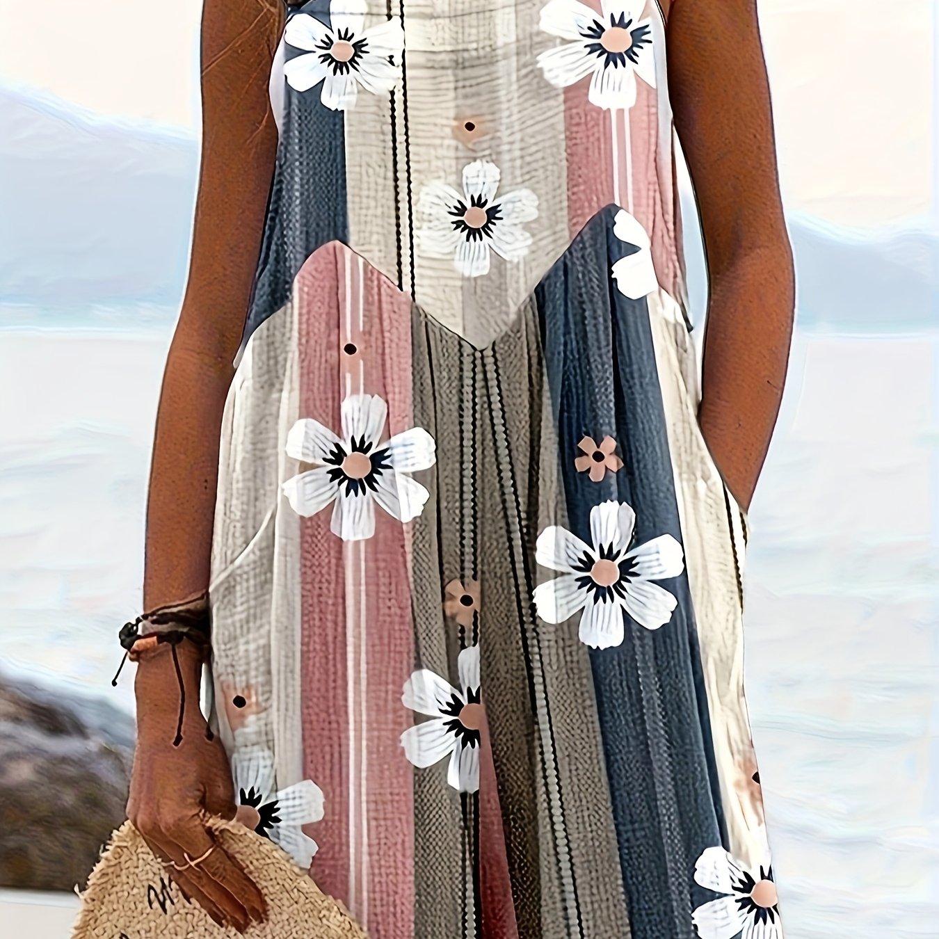 Image of Plus Size - Plus Size - Spring Style Casual Short Jumpsuit Overalls Striped Color-block Floral Print Women's Clothing
