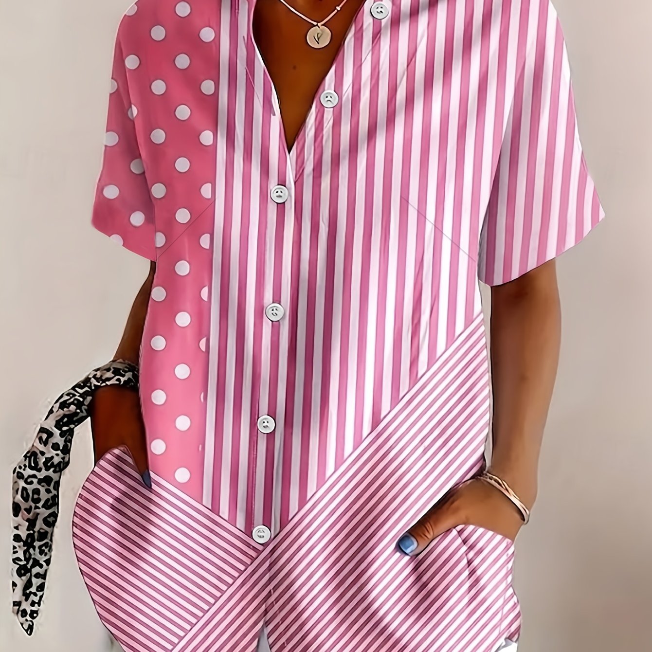 TEMU Chemise à manches courtes boutonnée pour femmes, style décontracté vintage, rayée et imprimée
