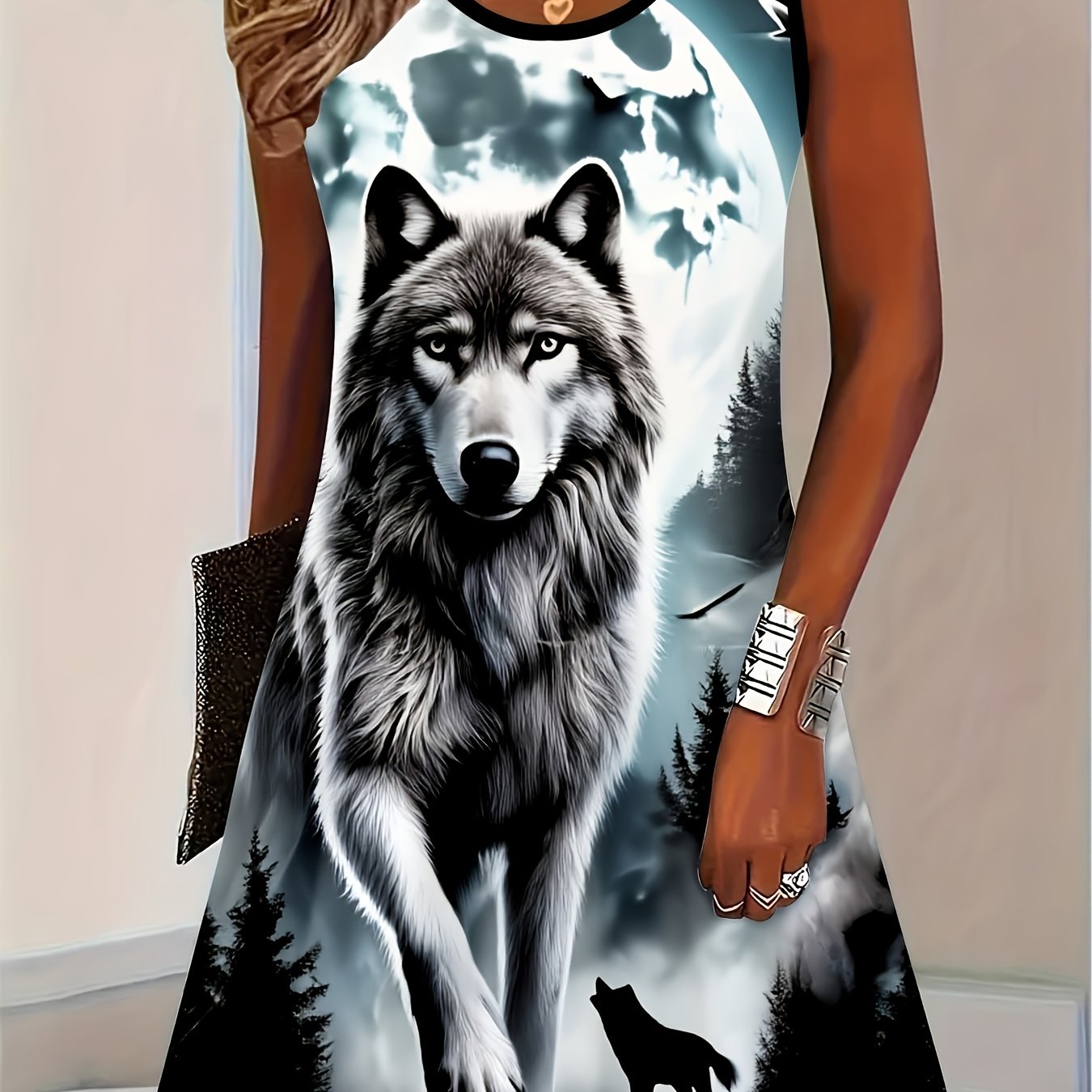 TEMU Printed Design - Textured-free Wolf Pattern Sleeveless Dress, With A Forest Motif, Suitable For Casual And