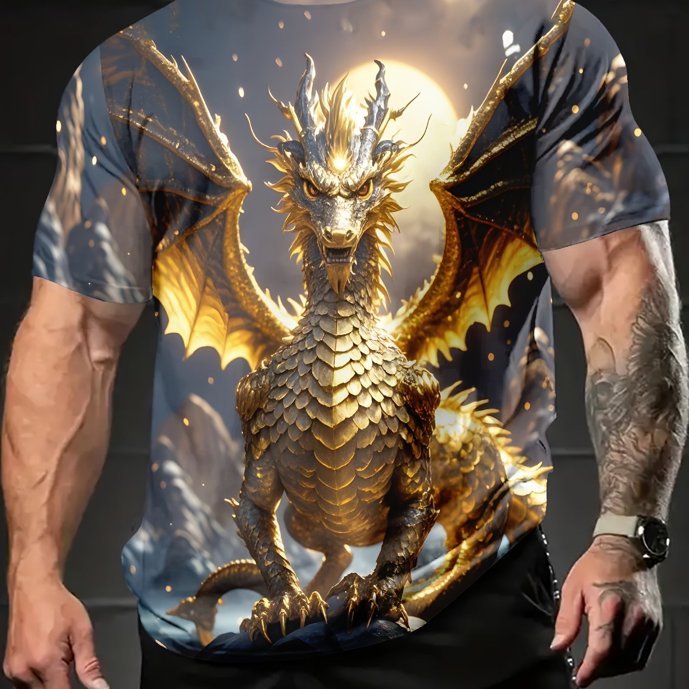 E-shop Bunte Goldene Kurzarm-Druck-Rundhals-T-Shirt, Sommer Herren Casual Outdoor Kurzarm-Oberteil