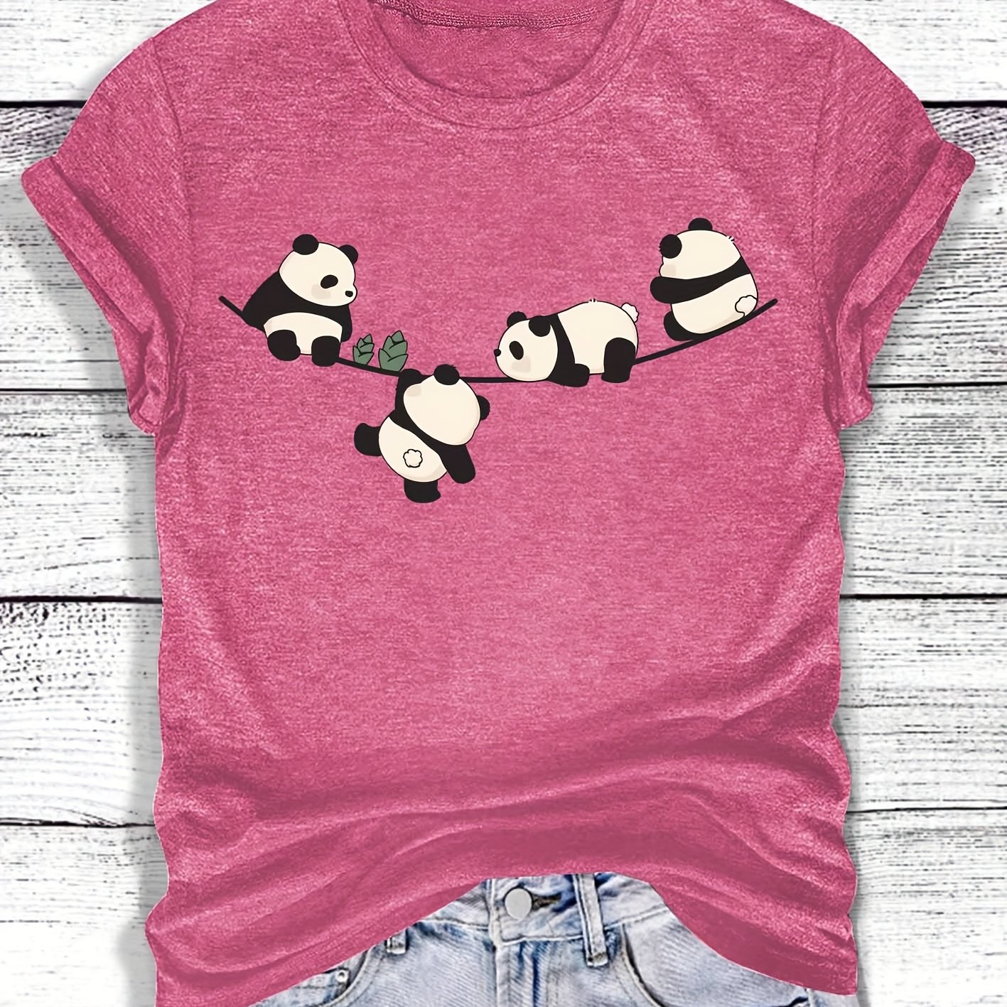 TEMU Cute Enormous Panda And Bamboo Stylish Retro Spring And Summer Casual Sports Round Neck Short Sleeve T-shirt In Sizes S-xxl