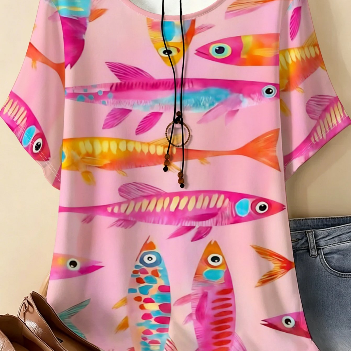 TEMU Women's Plus Size Round Neck T-shirt, Pink Base With Colorful Print Short Sleeve Top, Island Vacation Plus Size Blouse