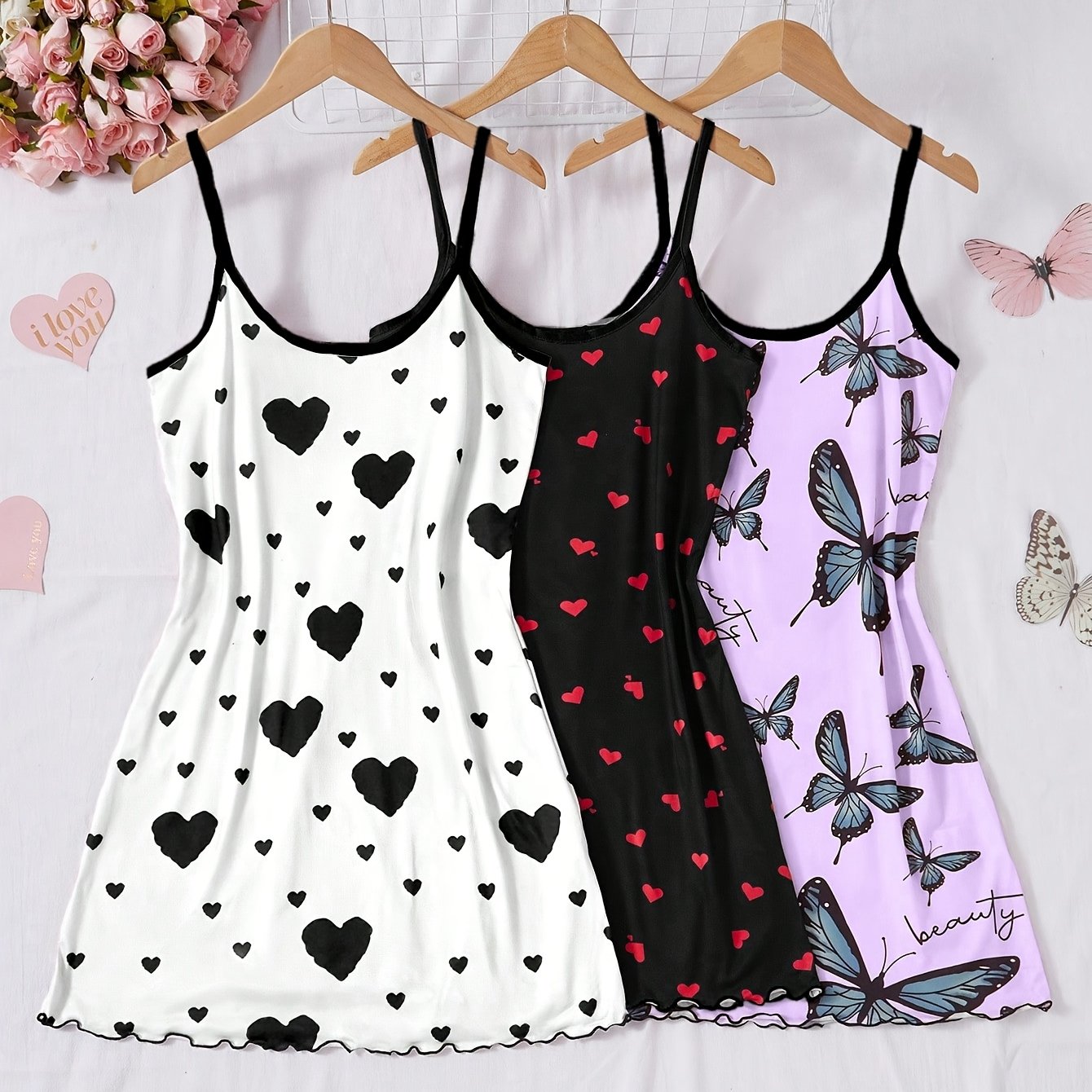 TEMU Women's Nightgown Camisole Dress 3pcs Set Print Loungewear