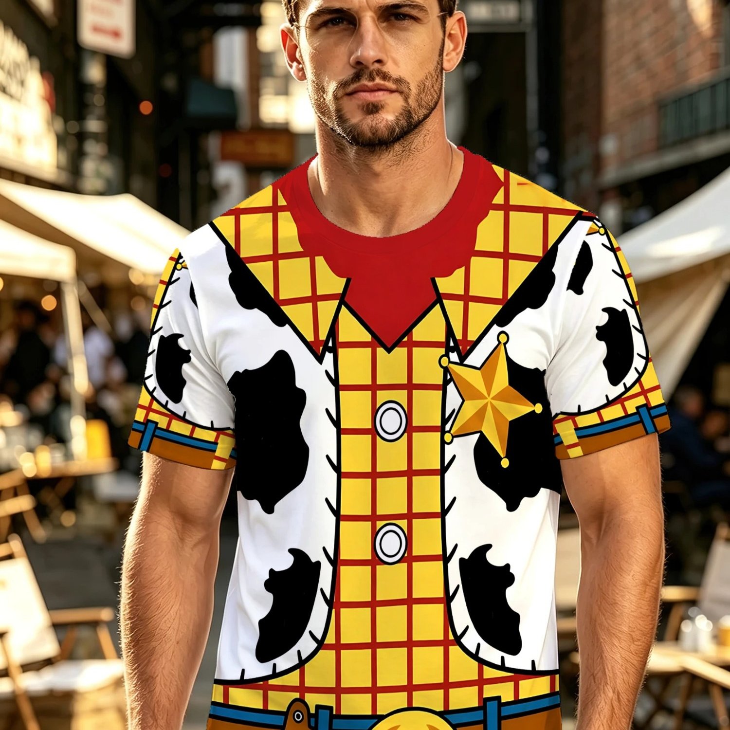 TEMU T-shirt le Cowboy pour Homme - T-shirt Rétro à Manches Courtes et Col Ras du Cou avec Imprimé Dessin Animé, Coupe Régulière Lavable en Machine,