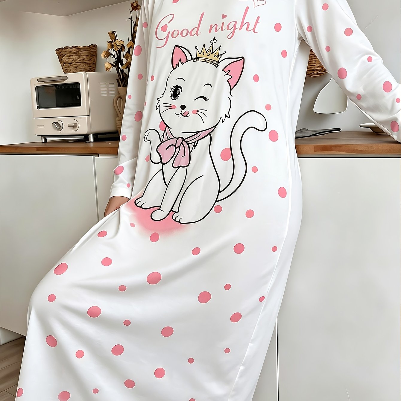 TEMU Women's Home Round Neck Long Sleeve Long Dress Cute Cat Print Nightgown Robe