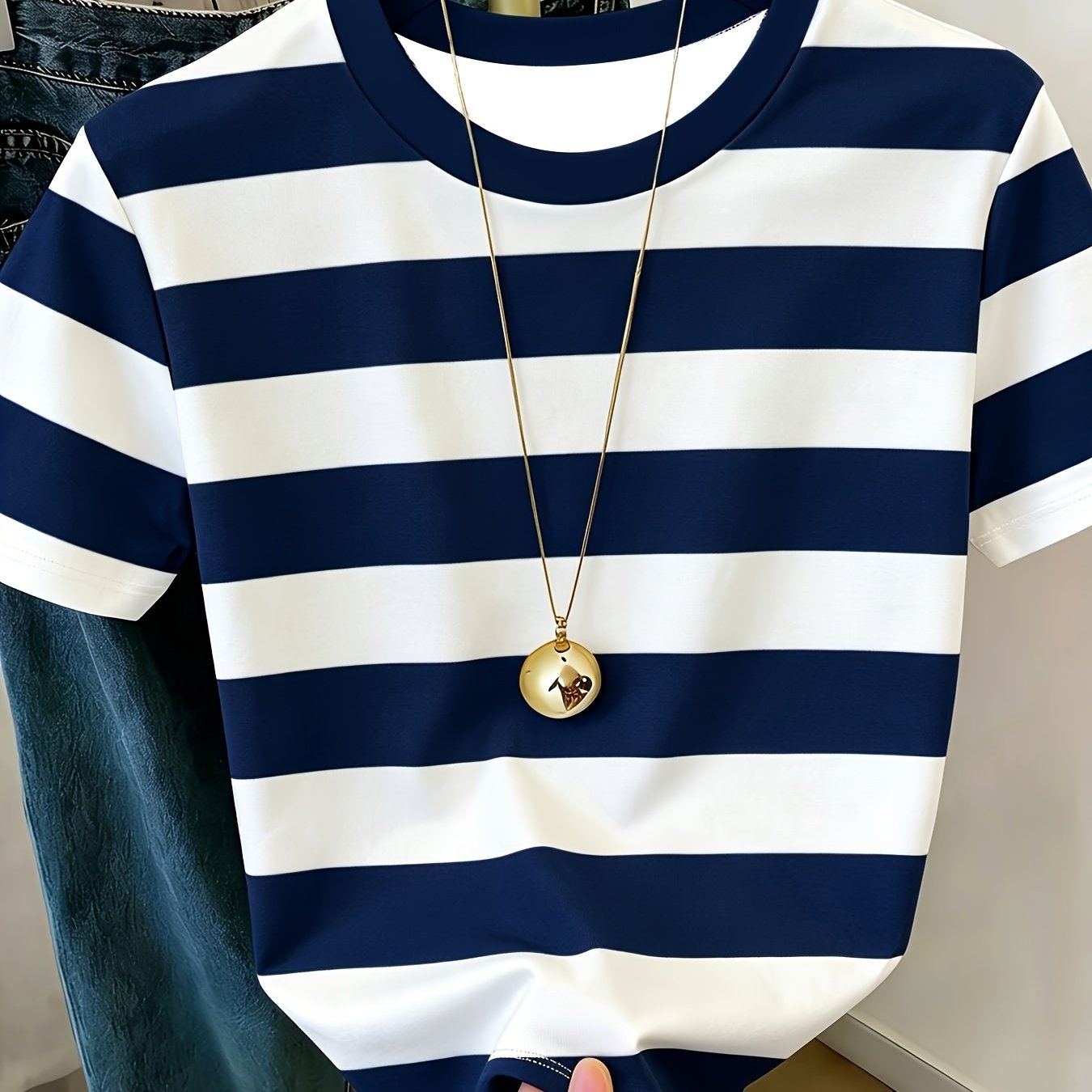 TEMU [printed Design - Non-realistic Texture] Summer Striped Short Sleeve T-shirt Women's Ins Korean Round Neck All-match Basic Top