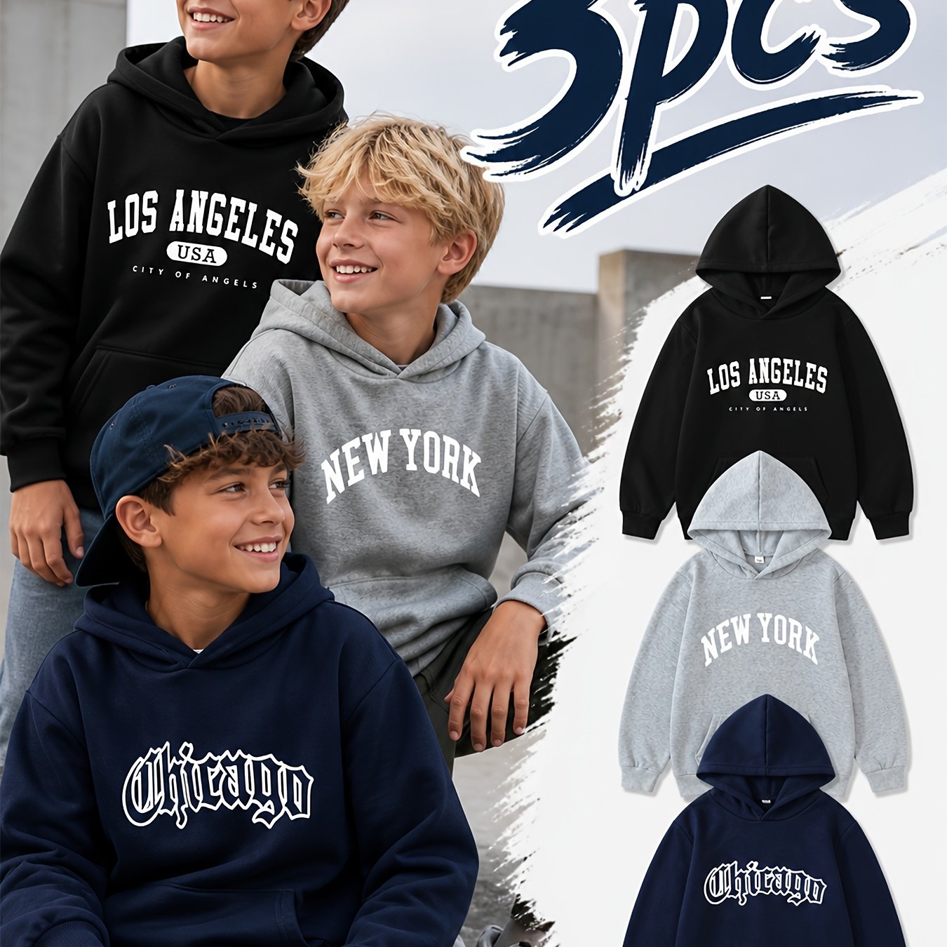 3pcs Boys' Spring/fall Fashion Letter Print Hooded Sweatshirt, Comfortable Casual Long Sleeve Hoodie For Casual Attire