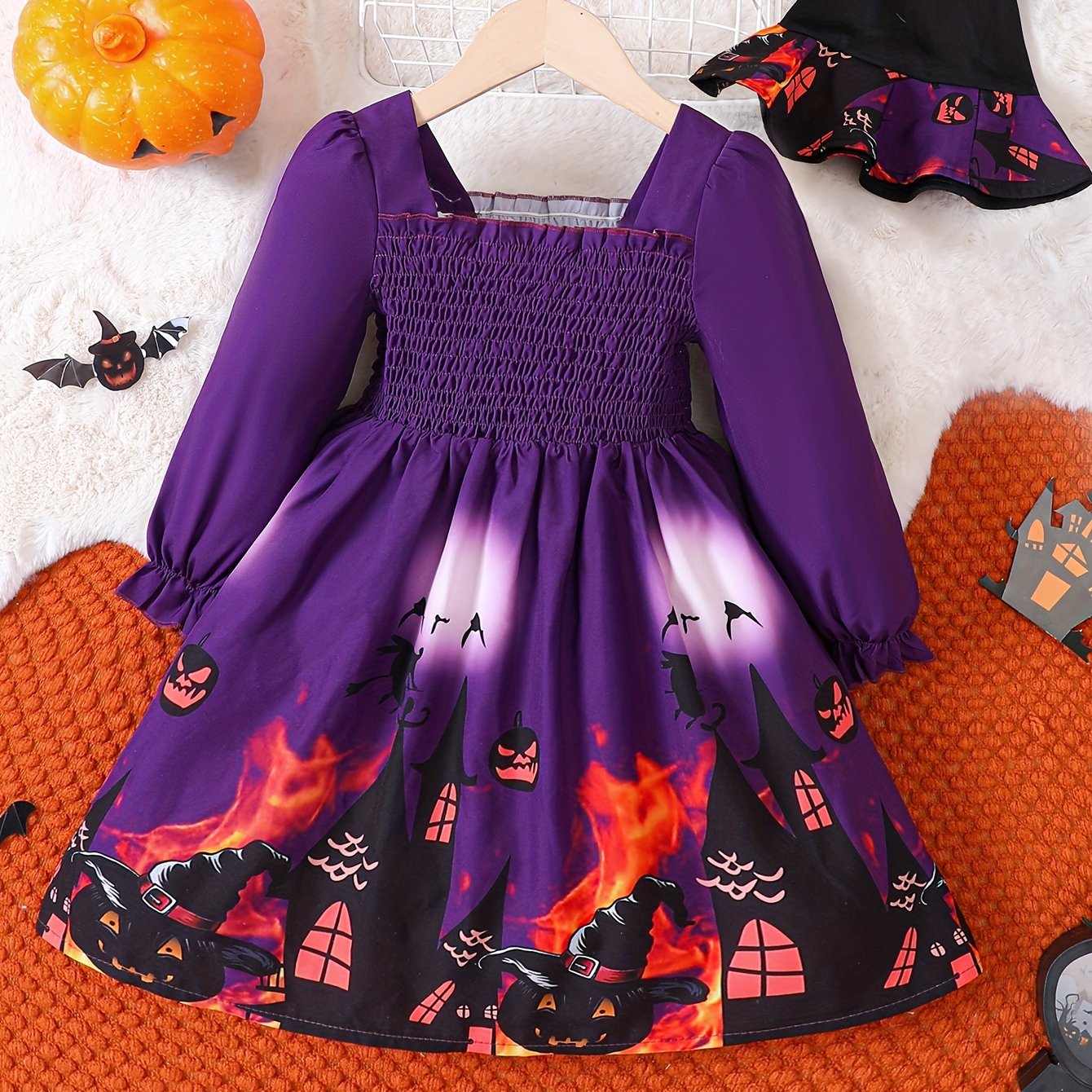 Girls' Fall Winter New Halloween Element Print Long Sleeve Dress With Hat