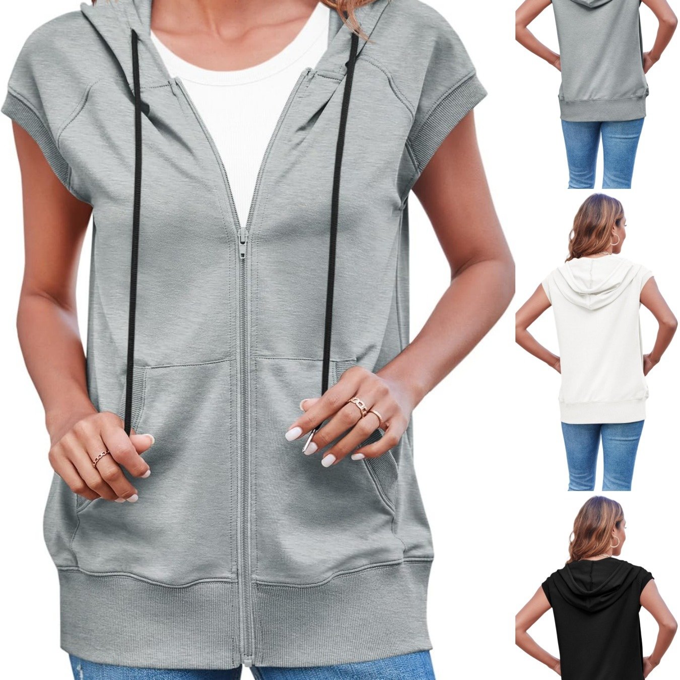 Image of Women's Sleeveless Zip Up Hoodies | Casual Loose Fit, Lightweight Jacket Vest With Pockets, Drawstring, Asymmetric Neck, Solid Color, Regular Length