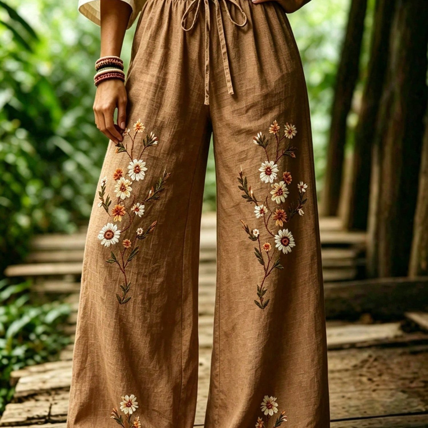 TEMU Plus Size, Plus-size Pants, Brown Wide-leg Trousers With White And Orange Floral Patterns And A Drawstring Waist, Suitable For Outdoor Natural