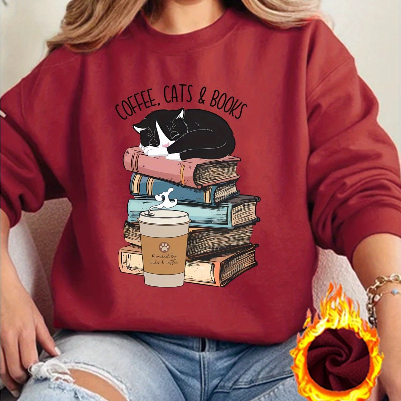 TEMU Women's Casual Long Sleeve Round Neck Sweatshirt - Coffee Cats & Books Graphic Print, Soft Pink, Cozy Pullover For Casual Attire, Machine