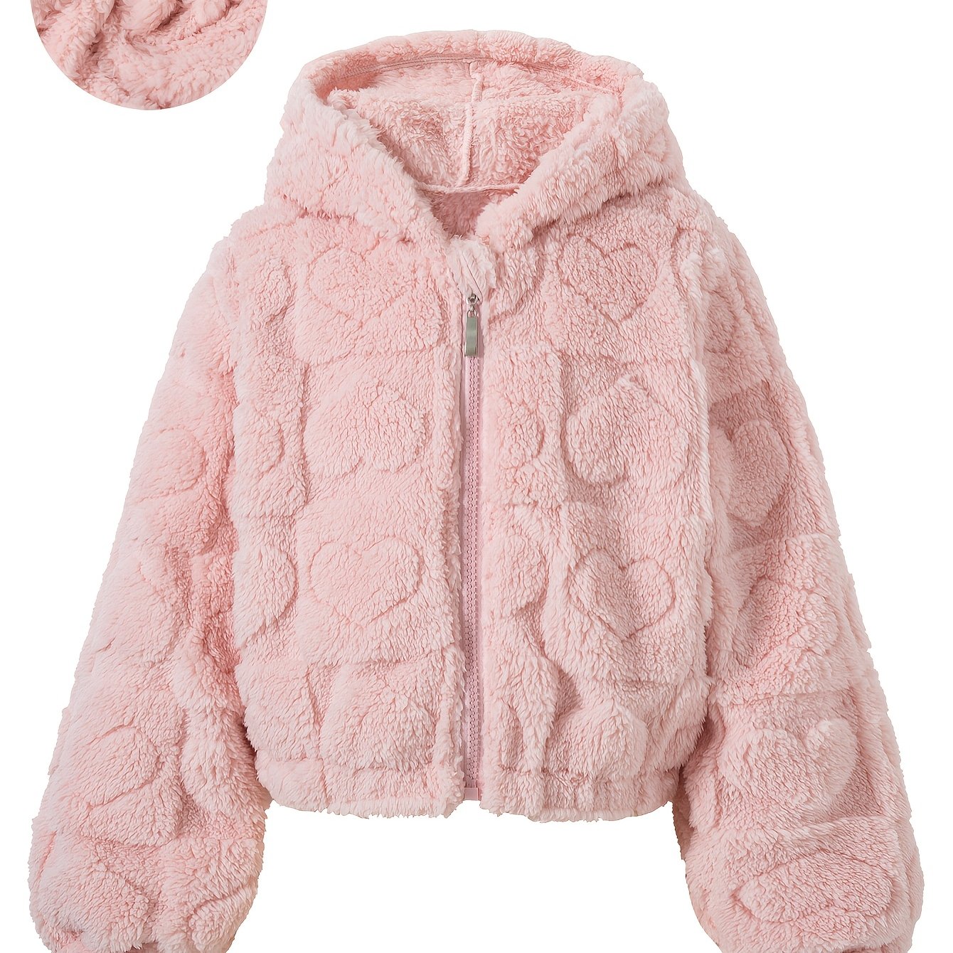 Image of Girls' Casual Daily Outing Fashion Solid Color Zipper Short Long Sleeve Hooded Plush Jacket Top Warm Autumn Winter