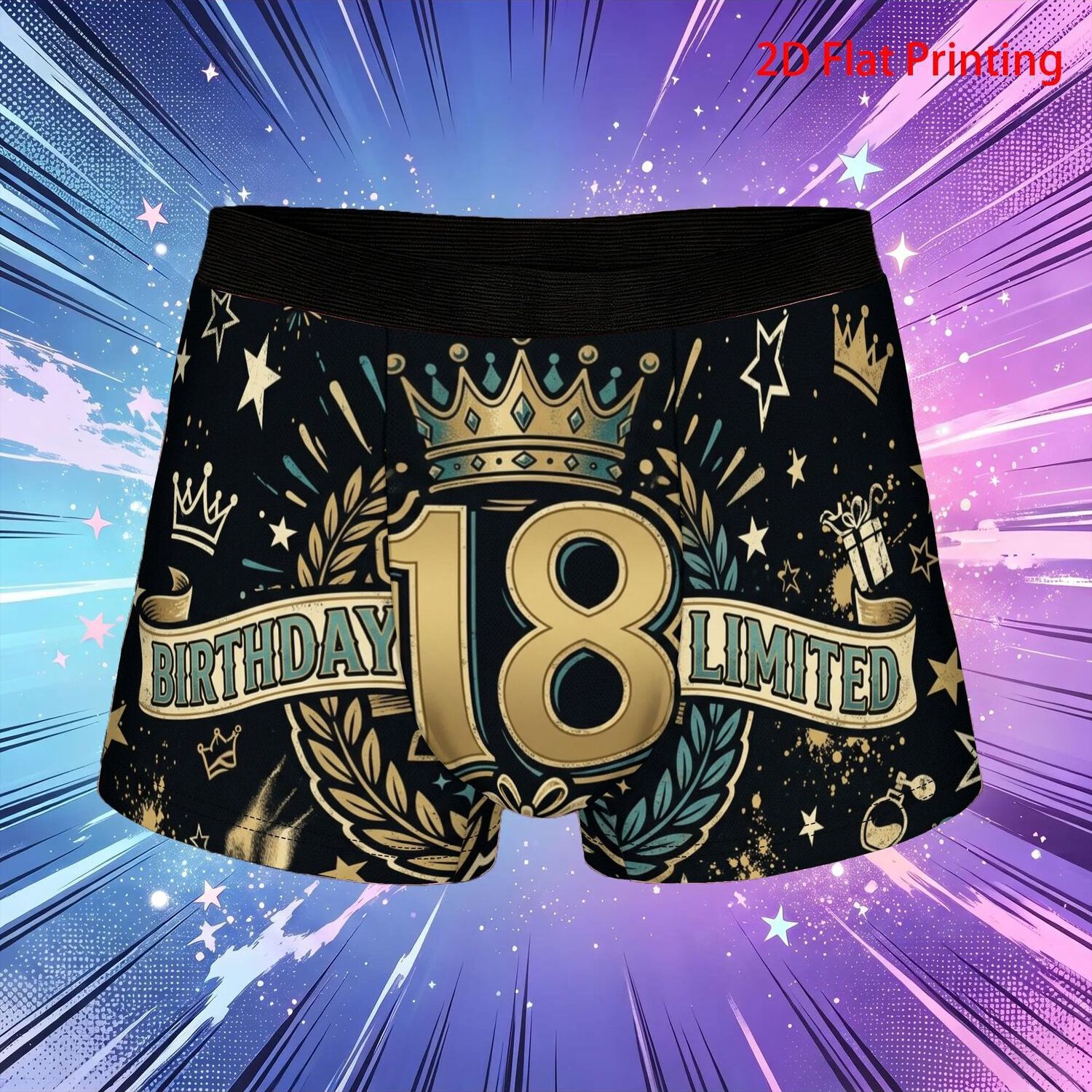 TEMU 1pc Birthday Gift 18th Birthday Crown Wreath Pattern 2d Flat Printing Underpants Men's Panties Men's Underwear Ventilated Shorts Boxer Briefs