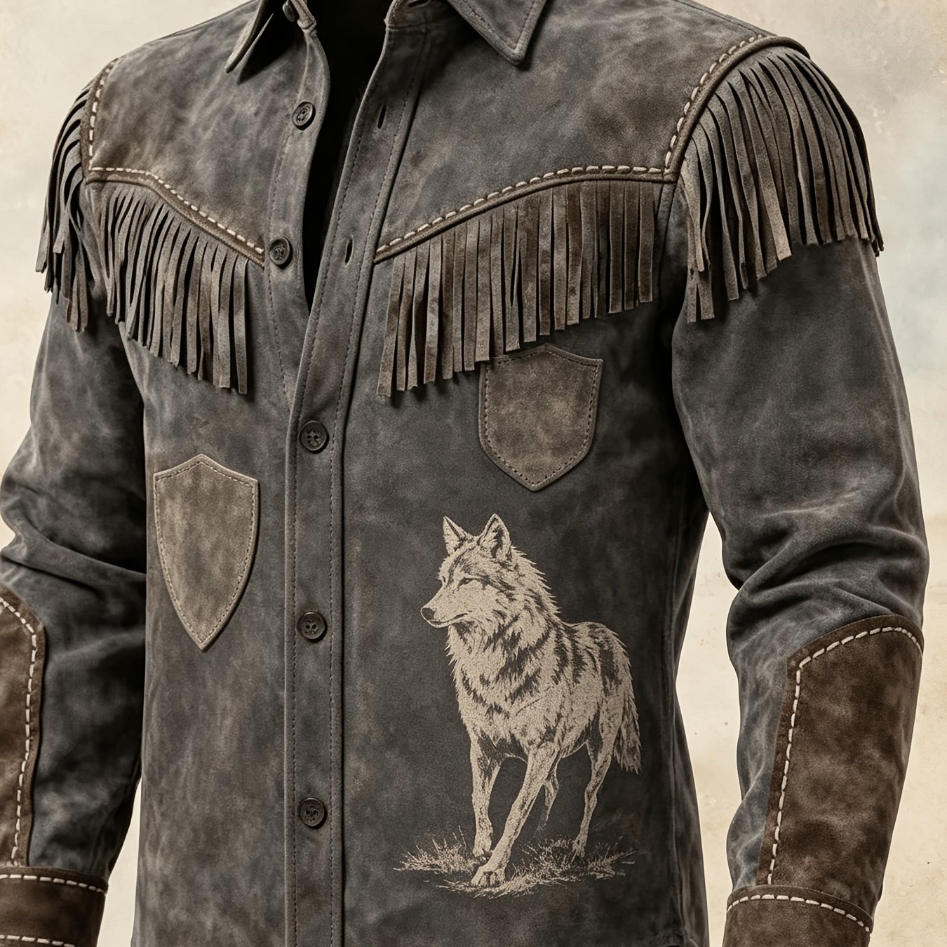 Image of Dusk-gray Night Shirt Washed Polyester With Full-body Wolf Print Twin Shield Pockets And Rugged Outdoor Character