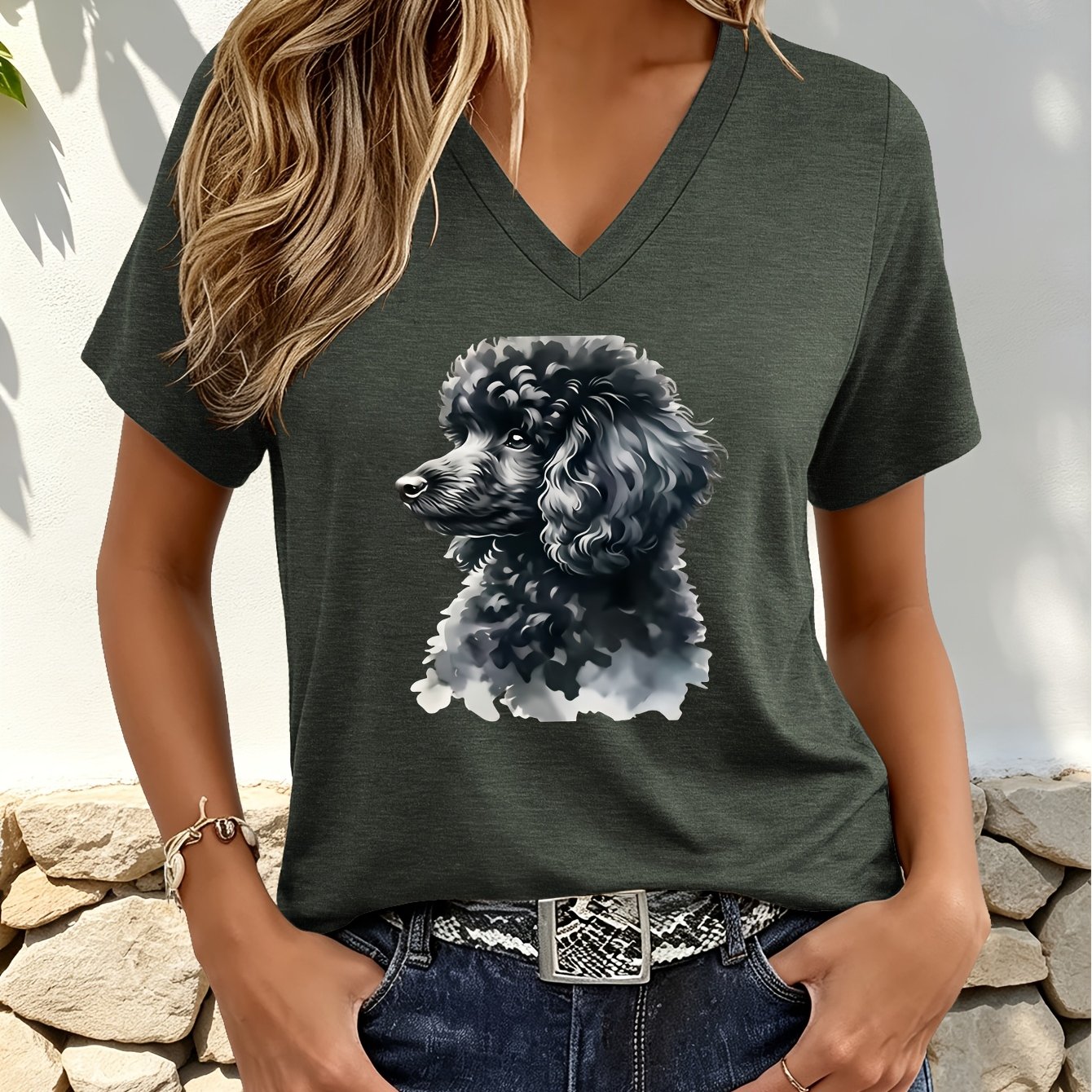 TEMU Women's Poodle Print V-neck Short Sleeve T-shirt - Casual Blouse Suitable For Spring/summer, Medium Stretch Pullover Top With Poodle, Machine
